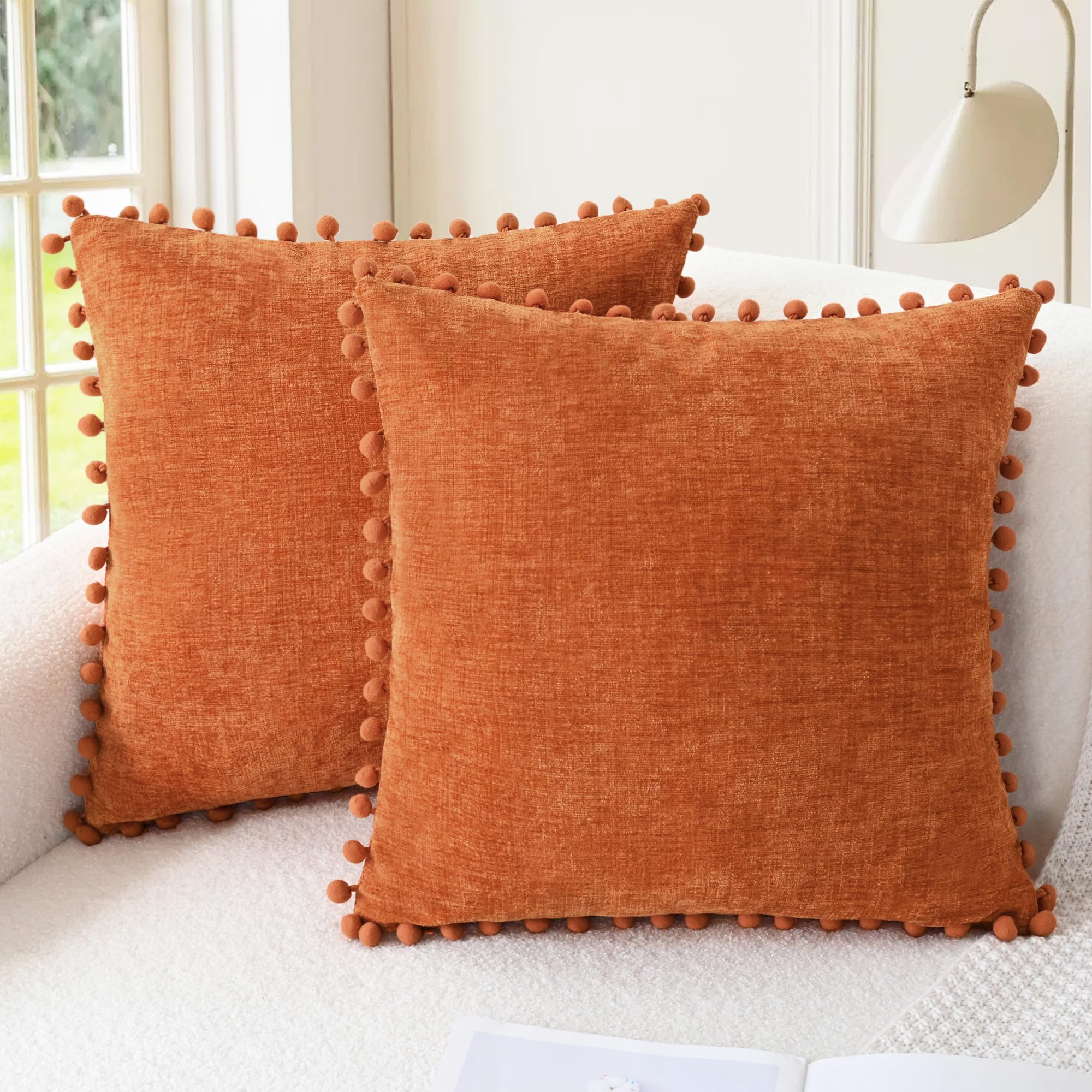 CaliTime Throw Pillow Cases Pack of 2 Cozy Solid Dyed Soft Chenille Cushion Covers with Pom Poms for Couch Sofa Home Decoration 45cm x 45cm Bright Orange โ image 1