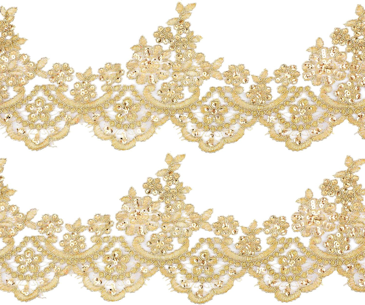 3 Yards 5.3 Inch Gold Lace Trim, Gold Applique for Sewing, Sequin Flower Embroidery Lace Ribbon for DIY Crafts and Decorations