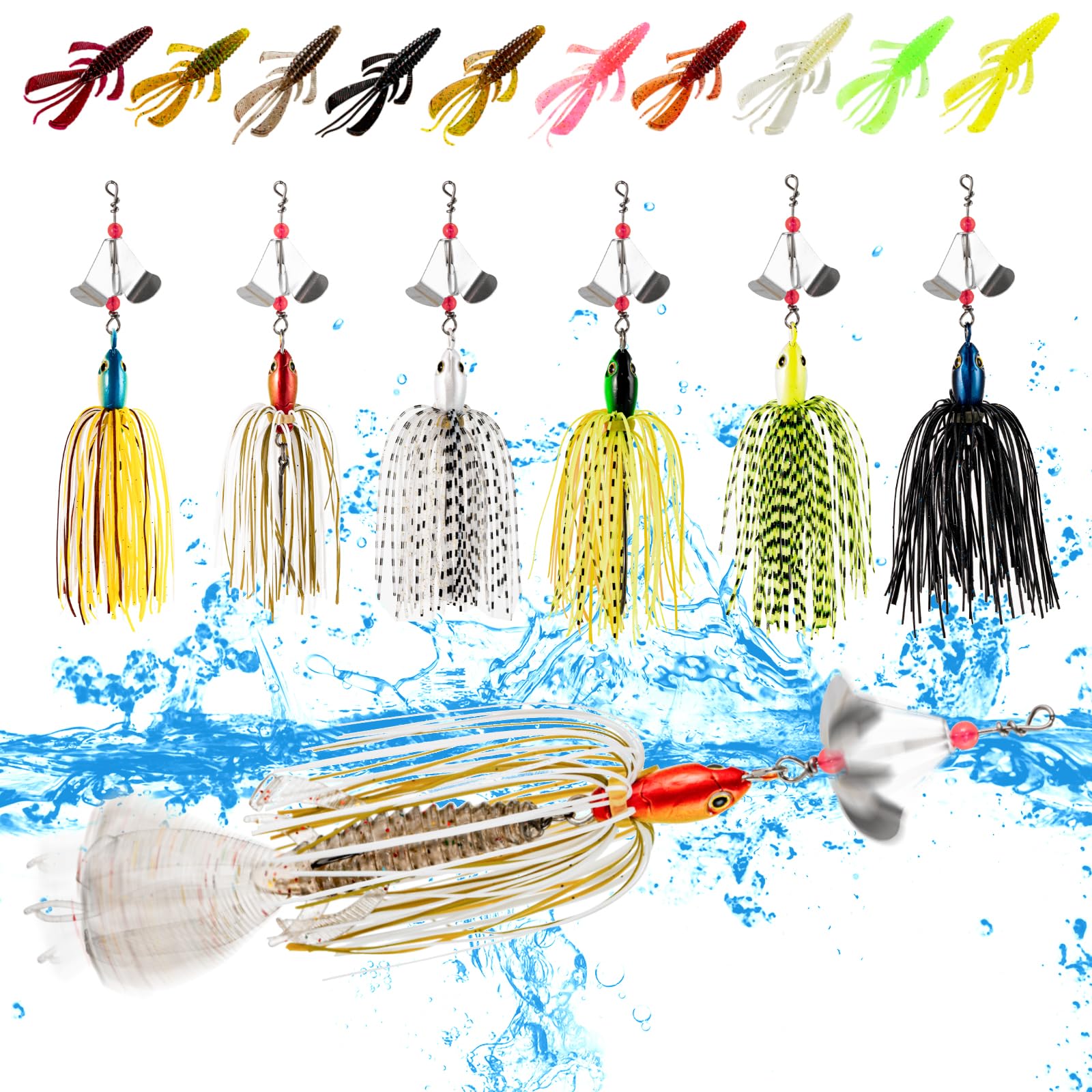 TOEWSN Buzzbait for Bass Fishing Lures Kit Buzzbait Spinner Baits Kit Multicolor Swimbait Topwater Lure Hard Metal Fishing Lure for Bass Pike Trout Fishing+10pcs Swamp Monster Rage Bug Bait, Small