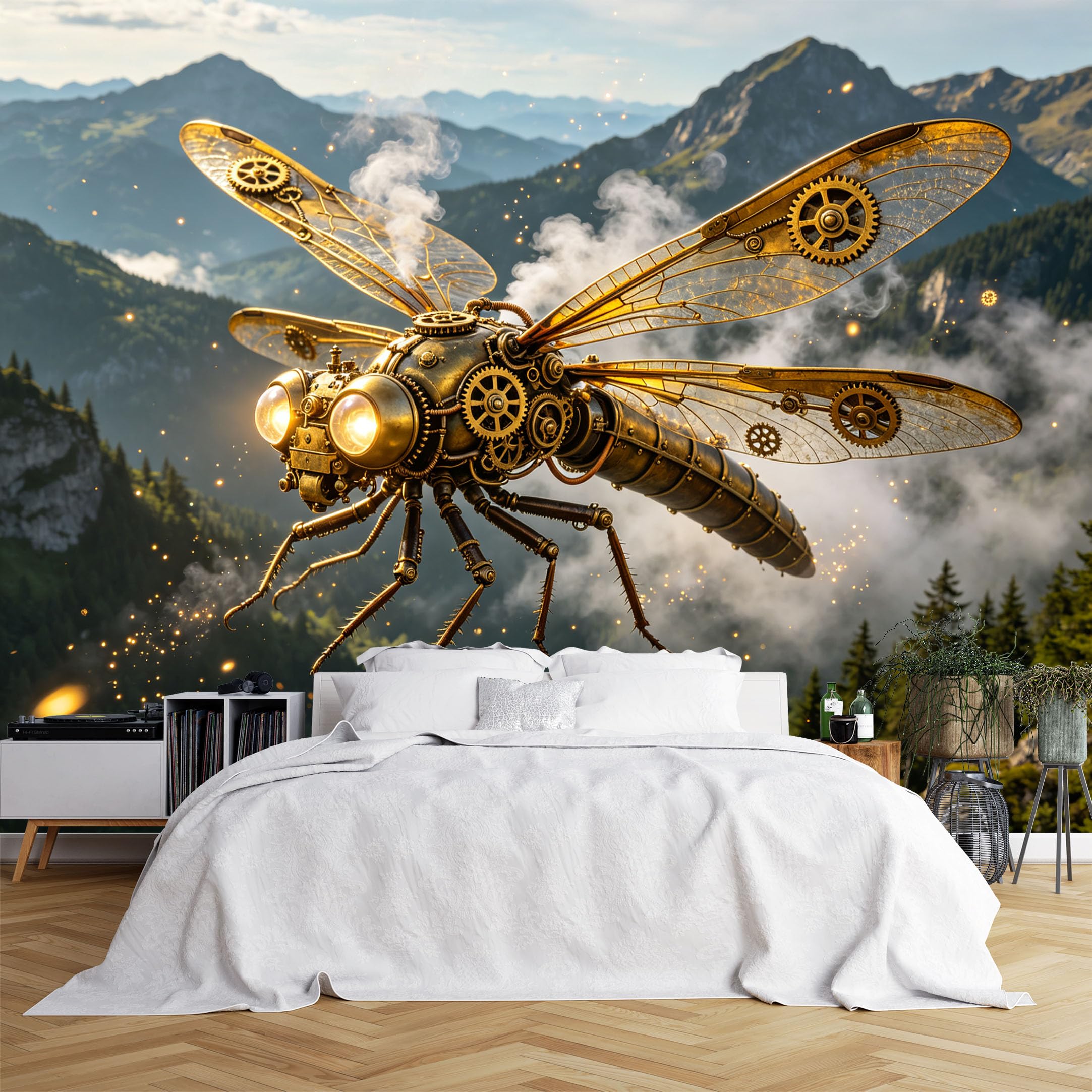Lcythiazole Ch260615110 Custom Size Wall Murals Steampunk Gear Dragonfly Mountain Scene Wall Murals Vivid Art Wallpaper Large Photo Wallpaper Self-Adhesive Removable Wallpaper For Study Room