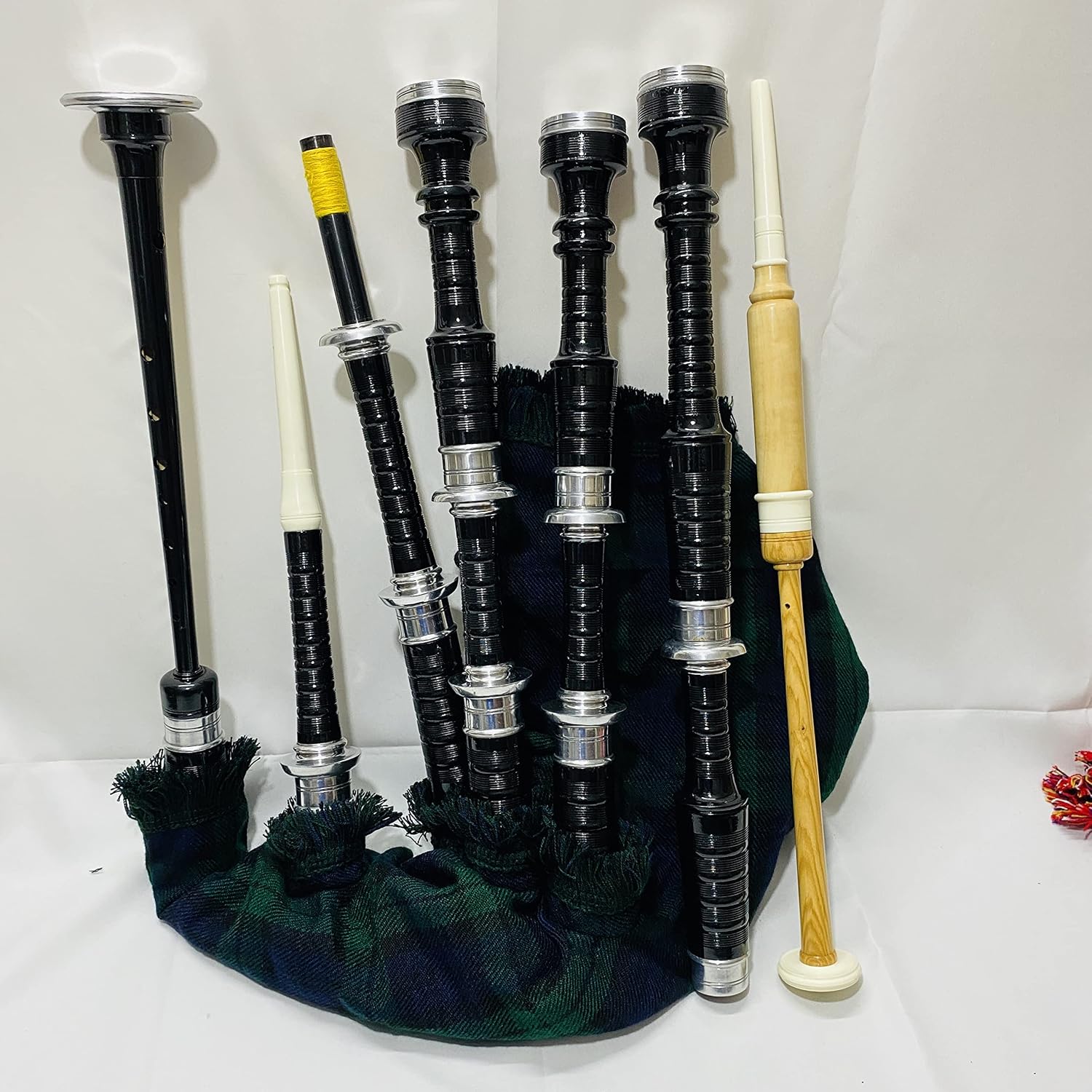Scottish Bagpipe Set Folk Culture Heritage Musical Instruments Rosewood Finish Sliver Mounts Black Watch Tartan Bag Cover Includes Free Tutor book Cane Drones