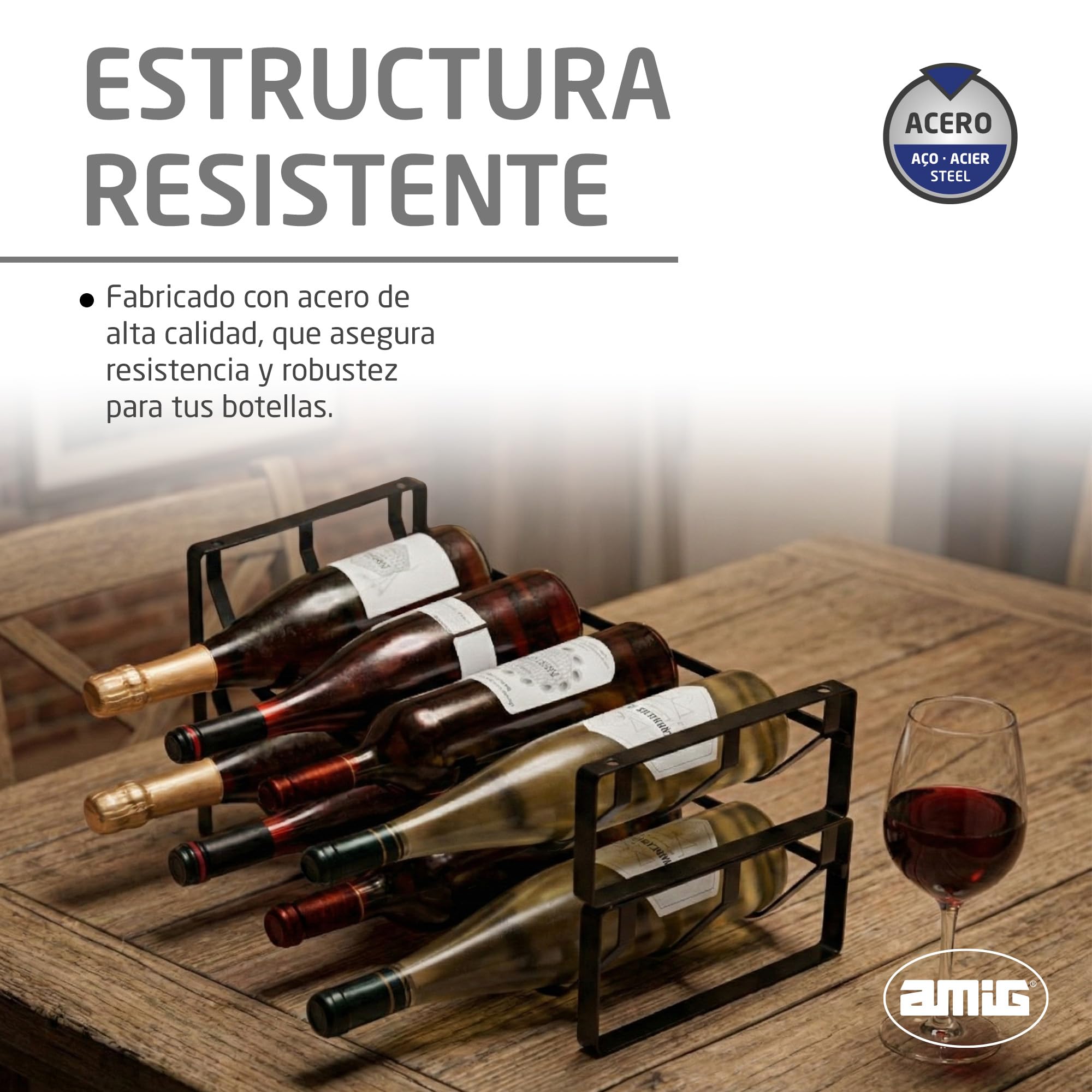 Amig - Botellero Apilable para 8 Botellas - Pack de 2 Estanterías de Acero Negro - Organizador para Botellas de Vino en Cocina, Despensa, Comedor o Bodega - Medidas: 41 x 20,5 x 19 cm