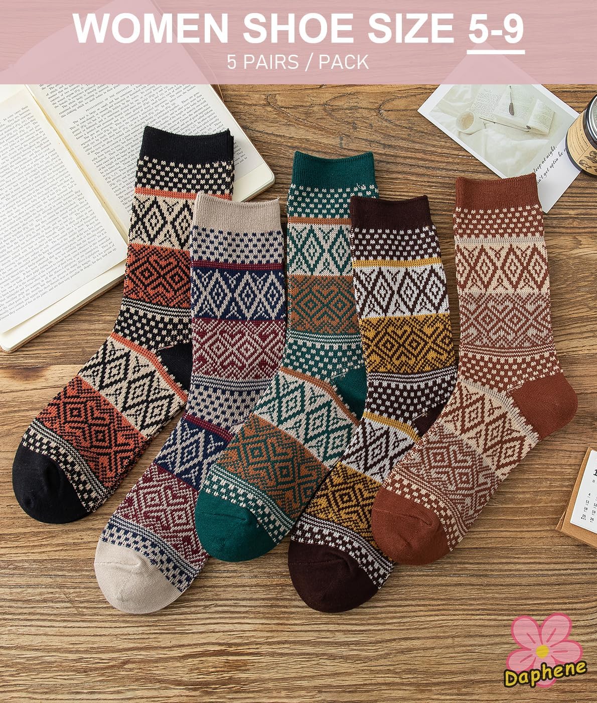 Daphene Women's Ethnic Vintage Socks | Premium Combed Cotton Warm | Retro Patterns Breathable Stretch Design | Holiday Gifts - Image 4