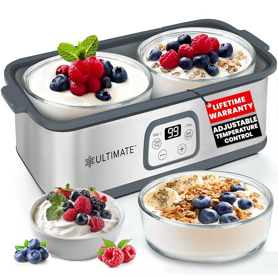 Ultimate Probiotic Yogurt Maker with Adjustable Time & Temp Control - Make Trillions of Live Probiotics with Two 1-Quart Containers for Larger Batches - Greek Yogurt Maker - ULTIMATE LIFETIME WARRANTY