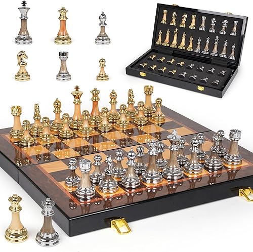 Miniatura 8 de Juego de ajedrez de metal de lujo con tablero de madera, juego de mesa de ajedrez plegable de 17 pulgadas con piezas de ajedrez doradas y plateadas,