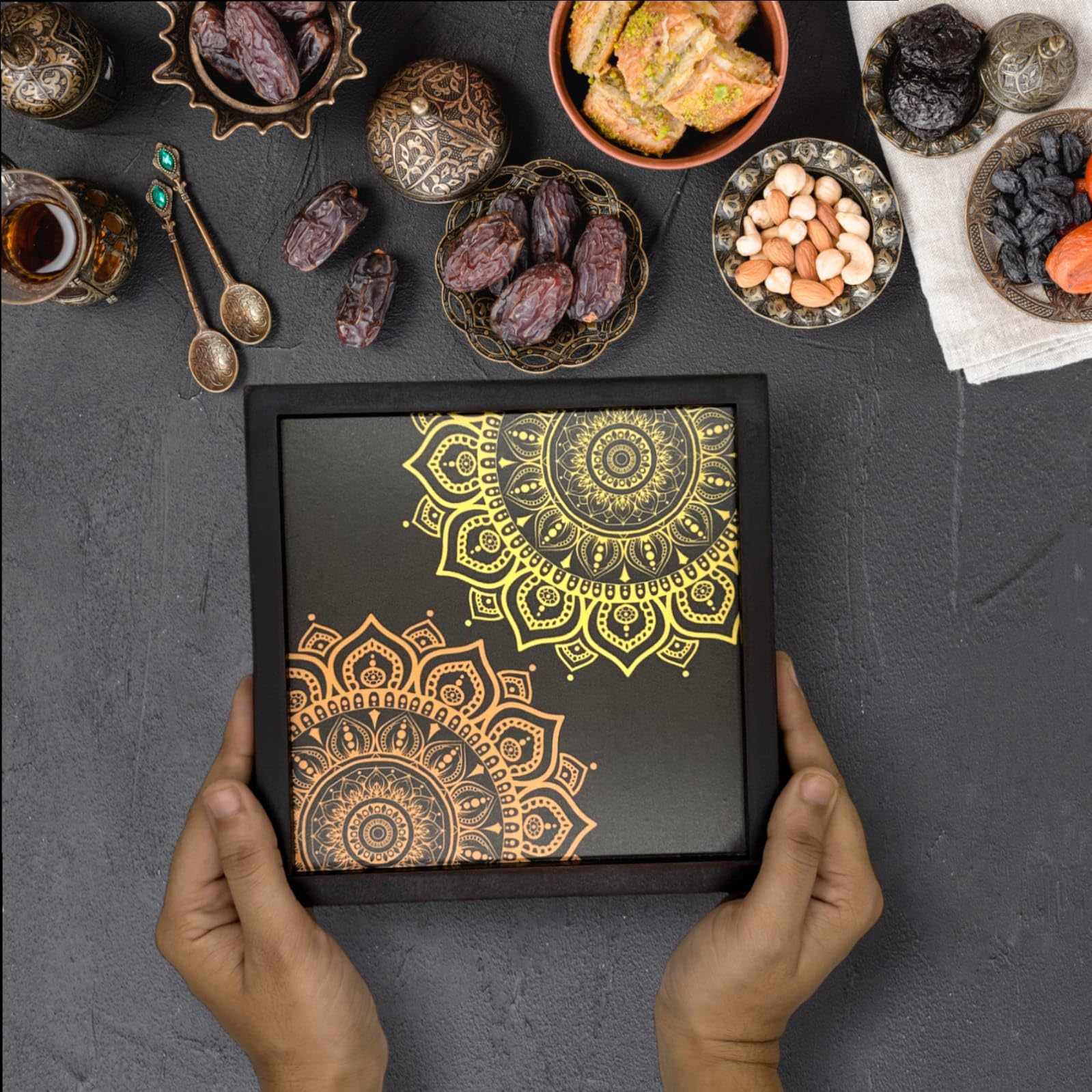 Angira handicrafts Wooden Dry Fruit Box Multipurpose 4 Section Handcrafted Large Size Square Dry Fruit Box for Diwali Gift, Food Storage, Spice Box AHS-WBOXX010