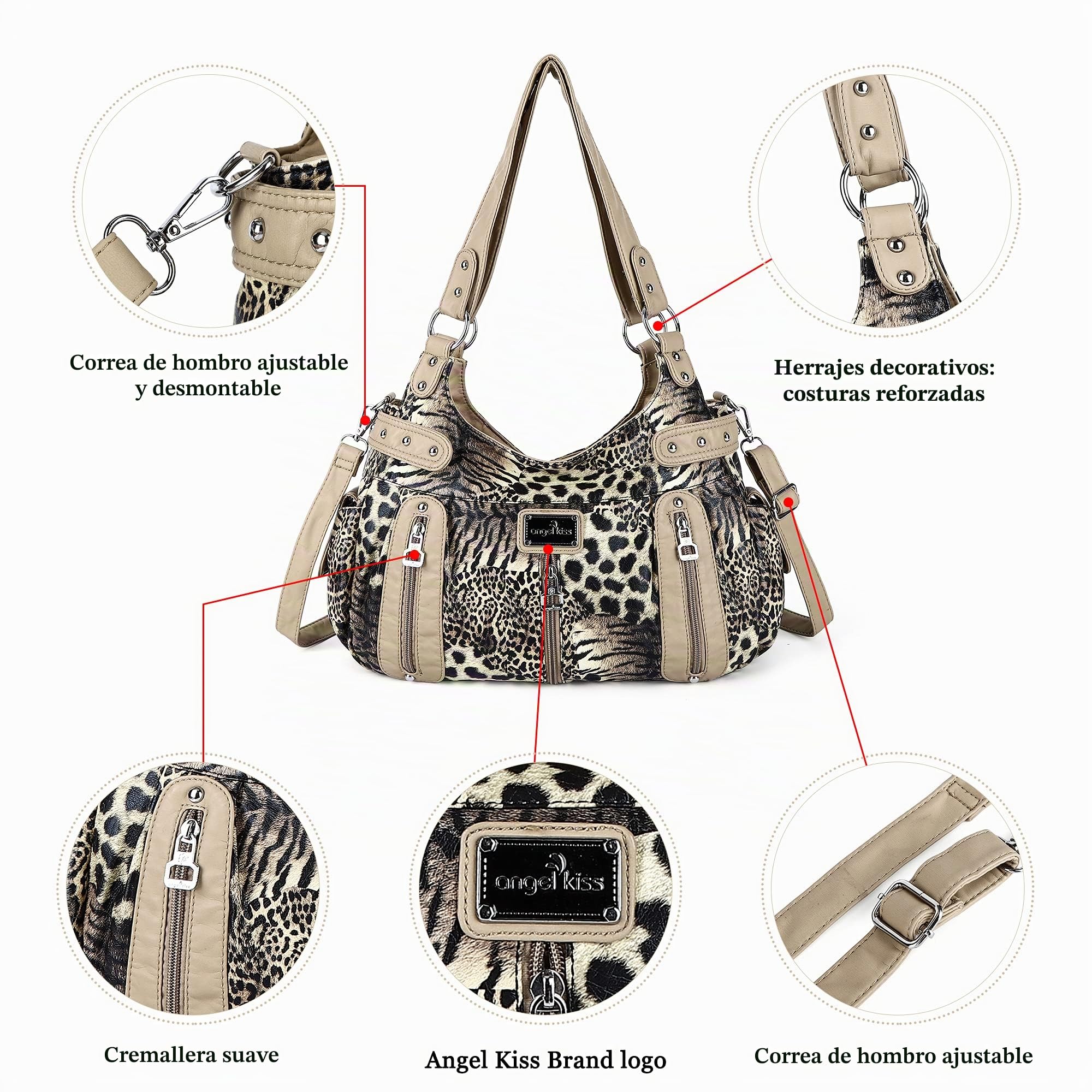 Angelkiss Hobo Monederos y bolsos para mujer, bolso de mano para mujer, bolsos grandes de hombro diarios.., Leopardo-marrón/beige, X-Large