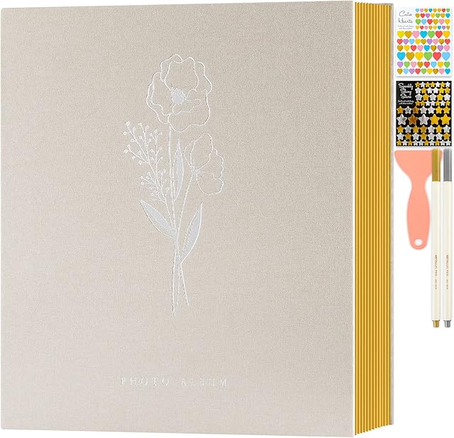 Lanpn Self Adhesive Photo Album Scrapbook 40 Pages, Linen Photos Albums DIY Sticky Magnetic Pages holds 6x4 7x5 A5 Picture for Family Wedding Birthday (Small-20 Sheets/40 Pages, Beige)