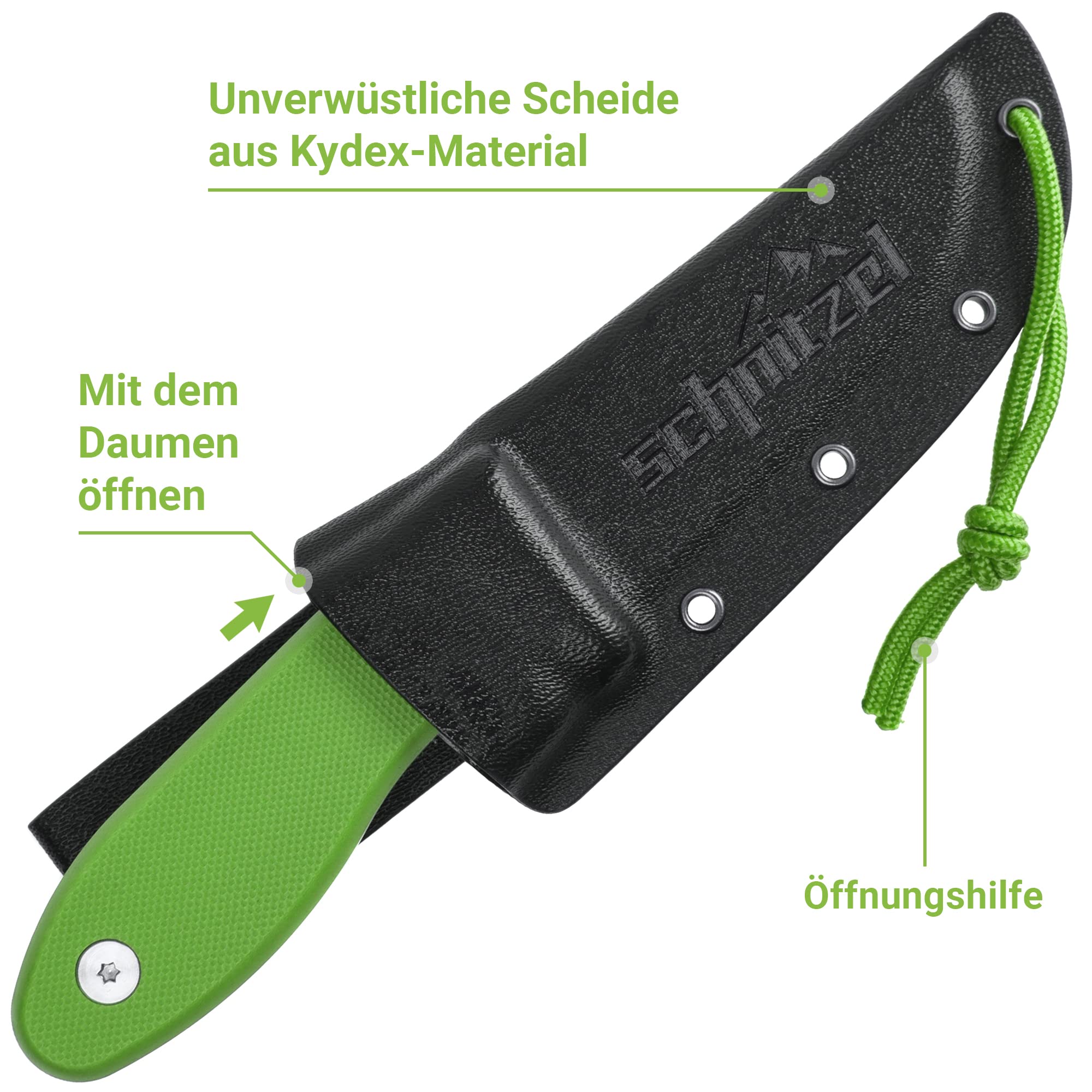 SCHNITZEL UNU, Kindermesser Schnitzmesser und Outdoormesser für Kinder, scharf mit Kydex Scheide und Gürtelhalterung, Grün
