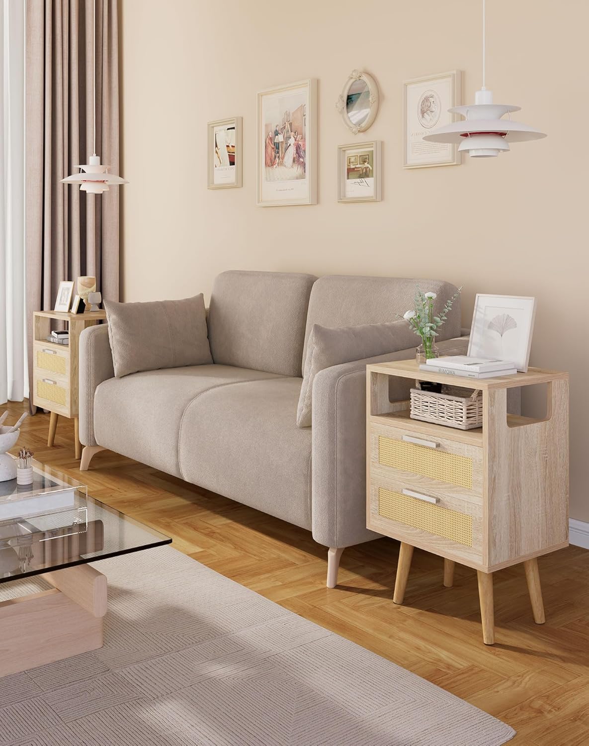 YMYNY Rattan Nightstand Set of 2, Boho Side Table with 2 Drawers, Open Shelf Unit with Arched Design, Solid Wood Legs, Storage Cabinet for Bedroom, Natural UHST015N-2