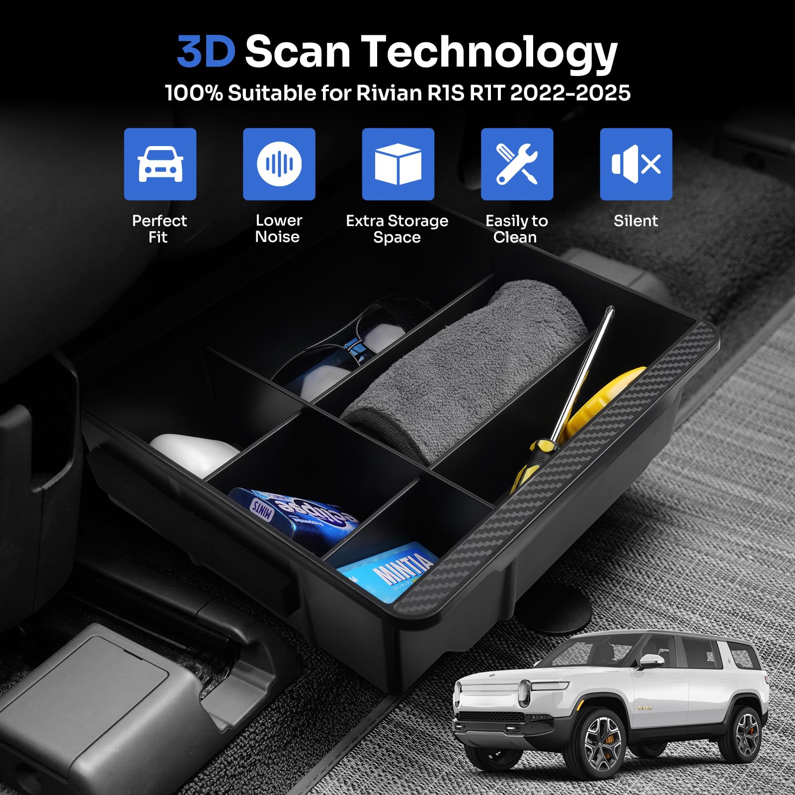 Karltys Under Seat Storage Box Organizer with Partitions for Rivian R1S R1T 2022-2025 Accessories, Hidden Storage Box with Silicone Anti-Slip Mat, ABS Underseat Storage Organizer