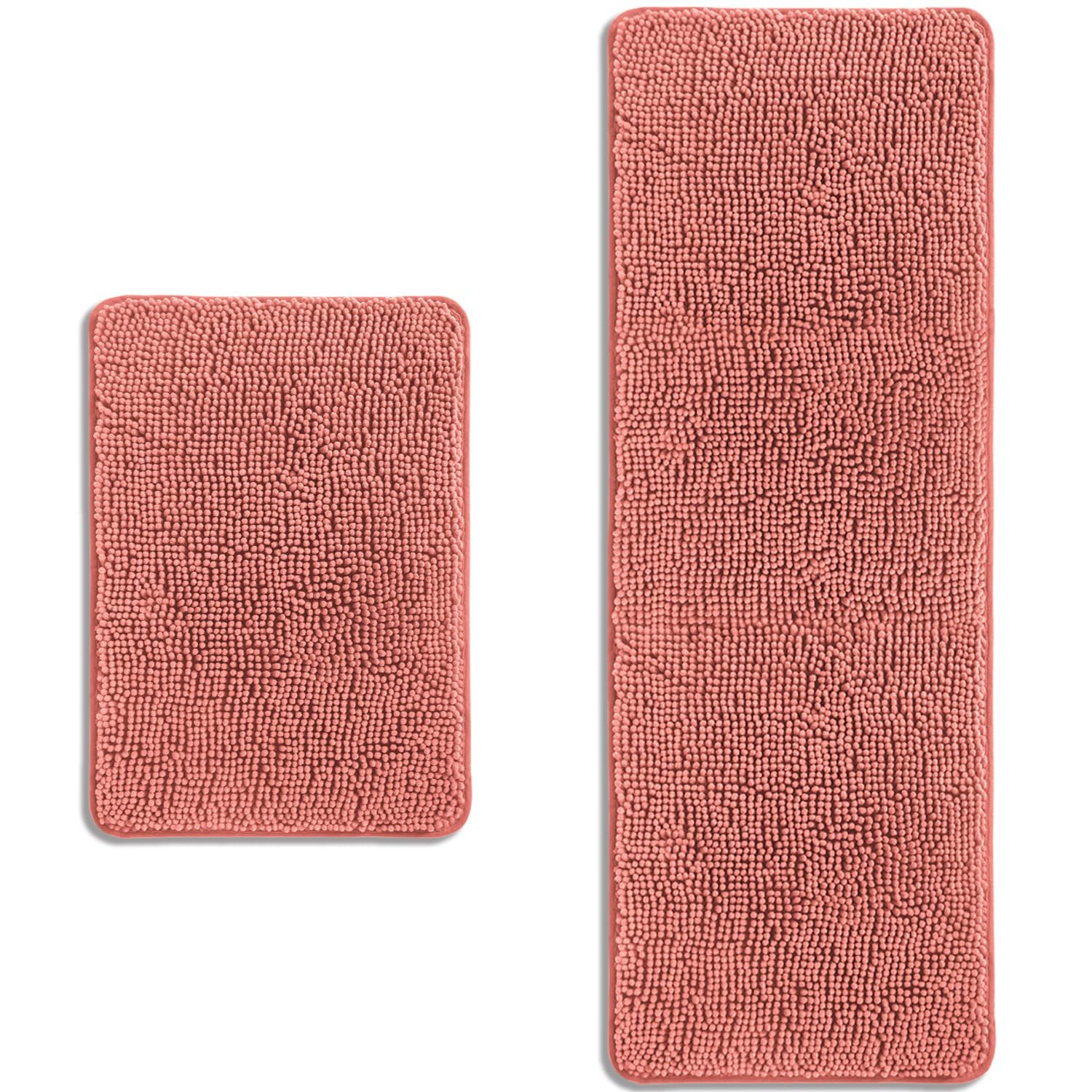 PureSwan Bathroom Rugs Sets 2 Piece – Absorbent and Washable Bath Mat, Non-Slip, Thick Soft Chenille Bath Rugs for Bathroom Floor, Shower, Sink(17" x 24"+17" x 47", Coral) — image 1