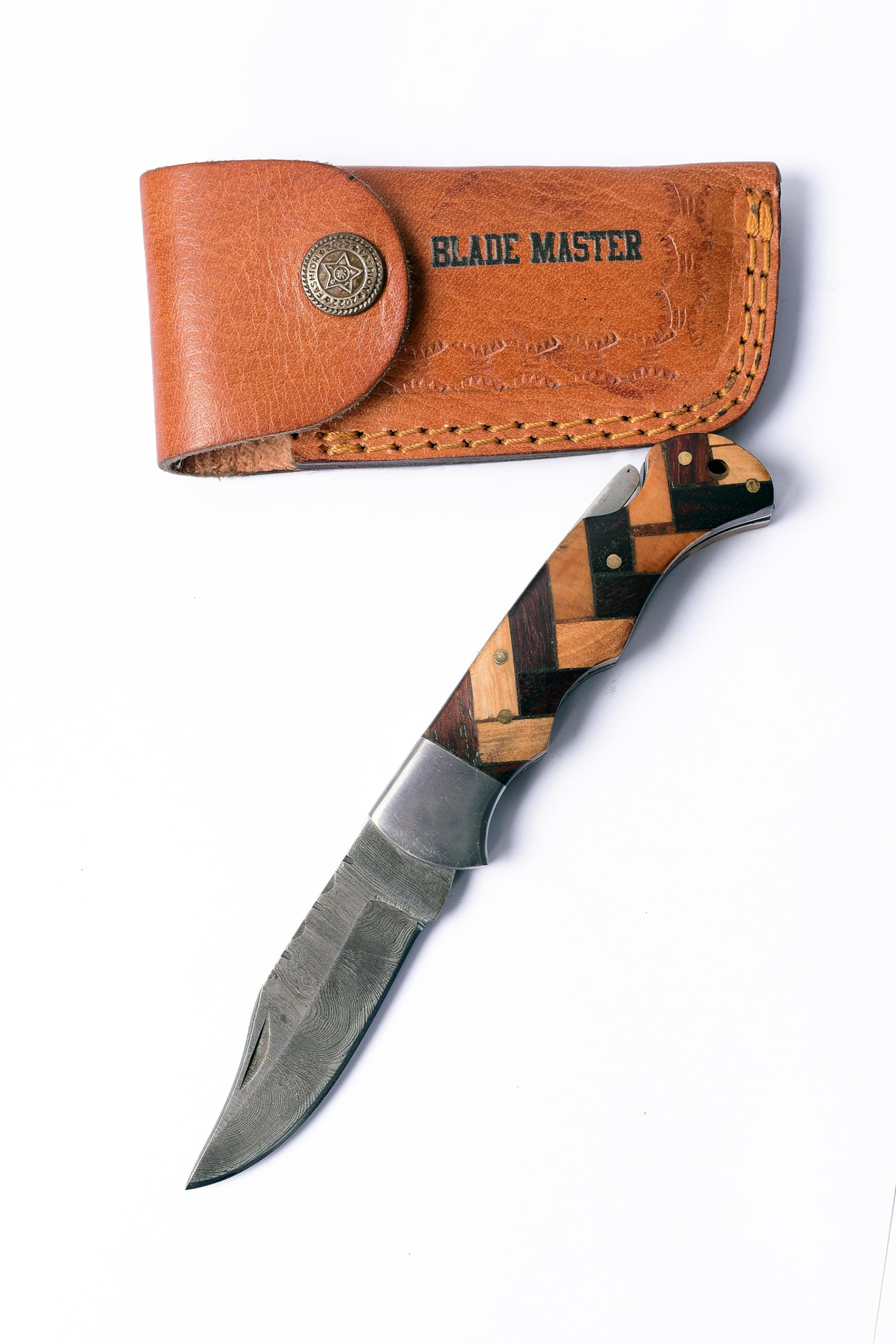 Premium Handmade Damascus Folding Pocket Knife Set With Leather Sheath - Perfect for Hunting (Multiwood)