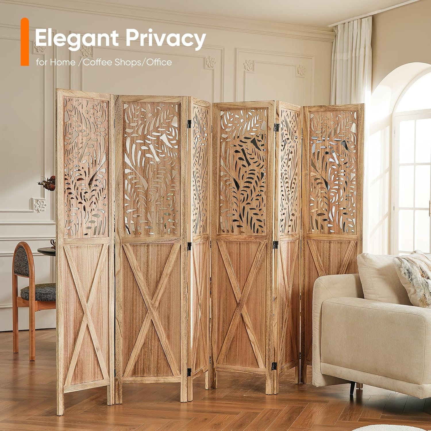 Boho Room Divider with Leaves Carving, 4/6-Panel Openwork Wood Screen