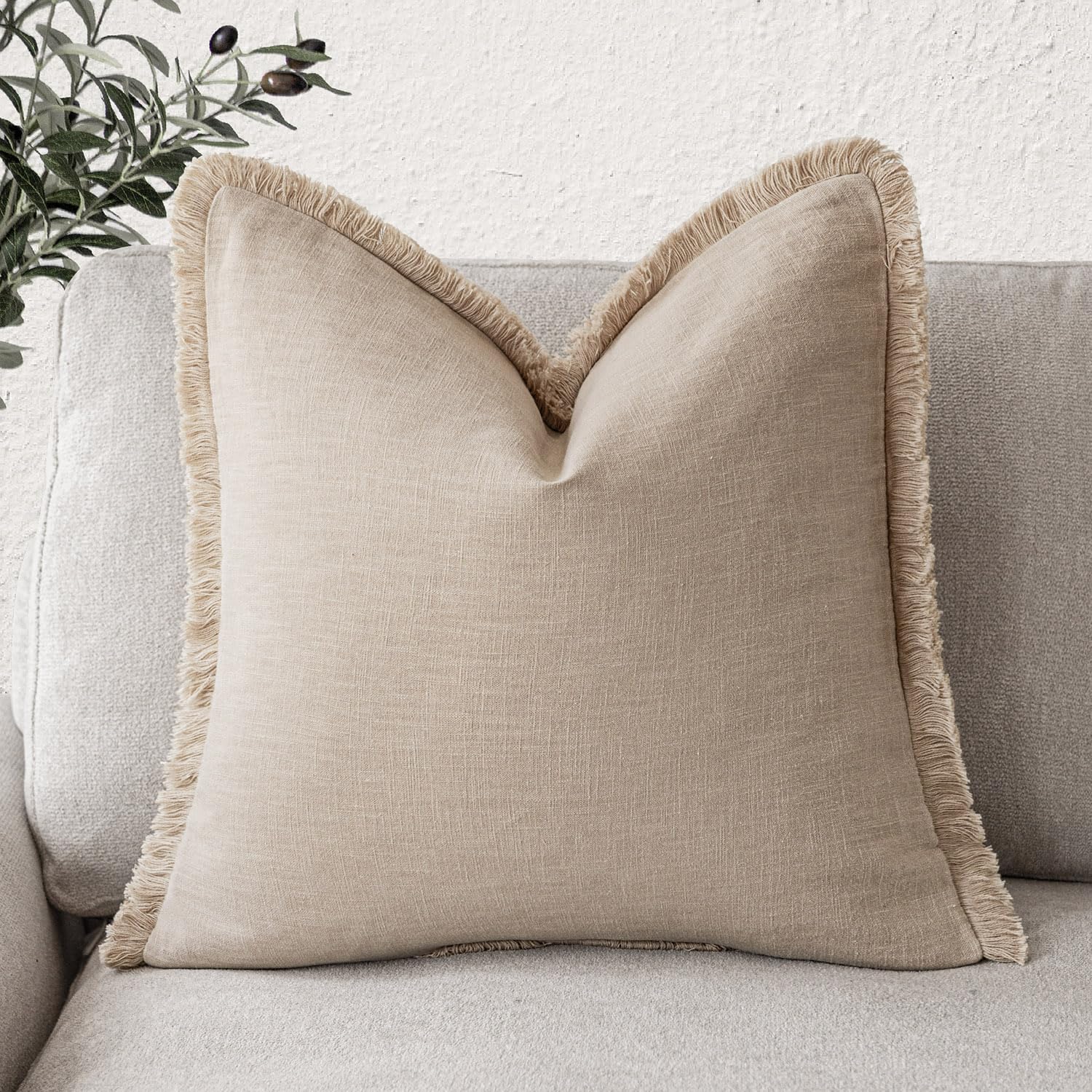 Foindtower Decorative Linen Fringe Throw Pillow Covers Cozy Boho Farmhouse Cushion Cover with Tassels Soft Accent Pillowcase for Chair Sofa Bed Living Room Home Decor, 24×24 Inch, 1PC,Tan Beige