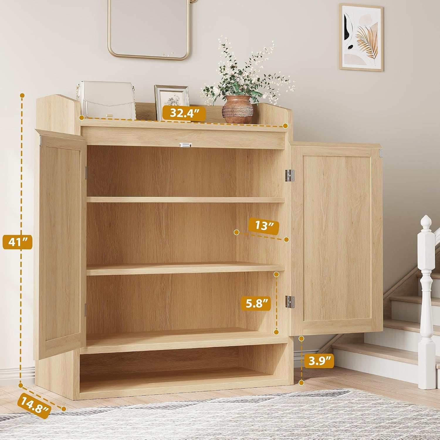 GarveeHome Modern Rattan Shoe Cabinet for Entryway, Natural Oak Wooden Shoe Storage Organizer with Doors, Adjustable Shelves Shoe Rack for Hallway, Bedroom, Living Room