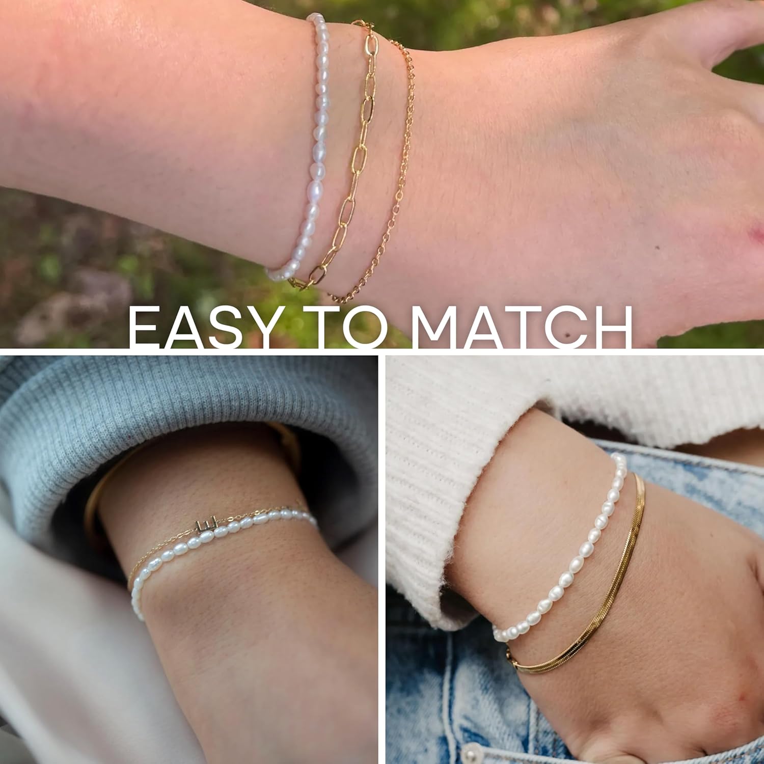 Pearl Bracelets for Women Handpicked Freshwater Tiny Small Rice Pearls Link Strand Bracelets with Adjustable 18K Gold Plated Bolo Lock - Image 8