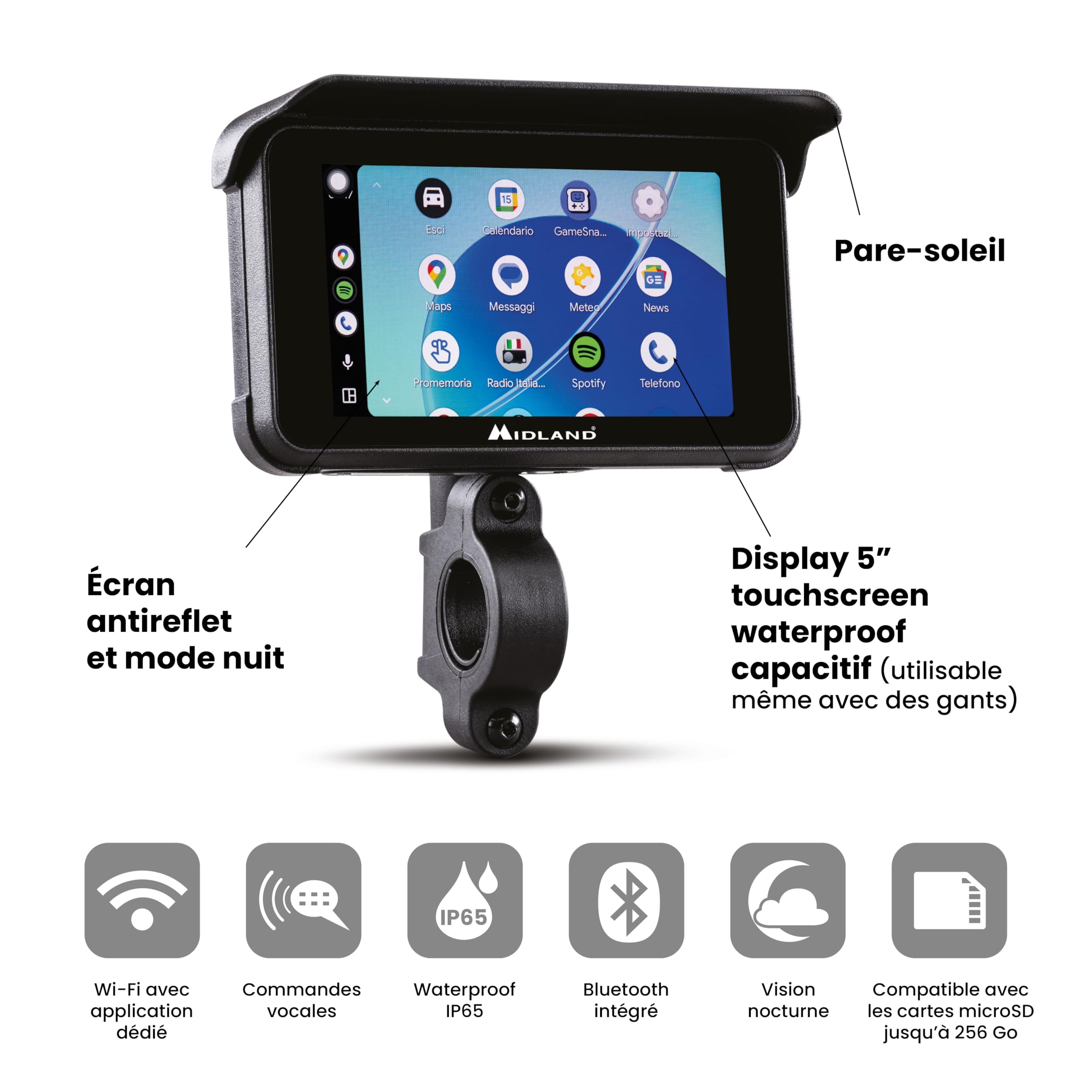 Midland, BikePlay Guardian Display avec Dashcam Moto 5"Touch Screen, Commandes Vocales Surveillance Pression Pneus, Caméra Double Embarquée Étanche Capteur Impact Camera Moto & Android Auto Accessoire