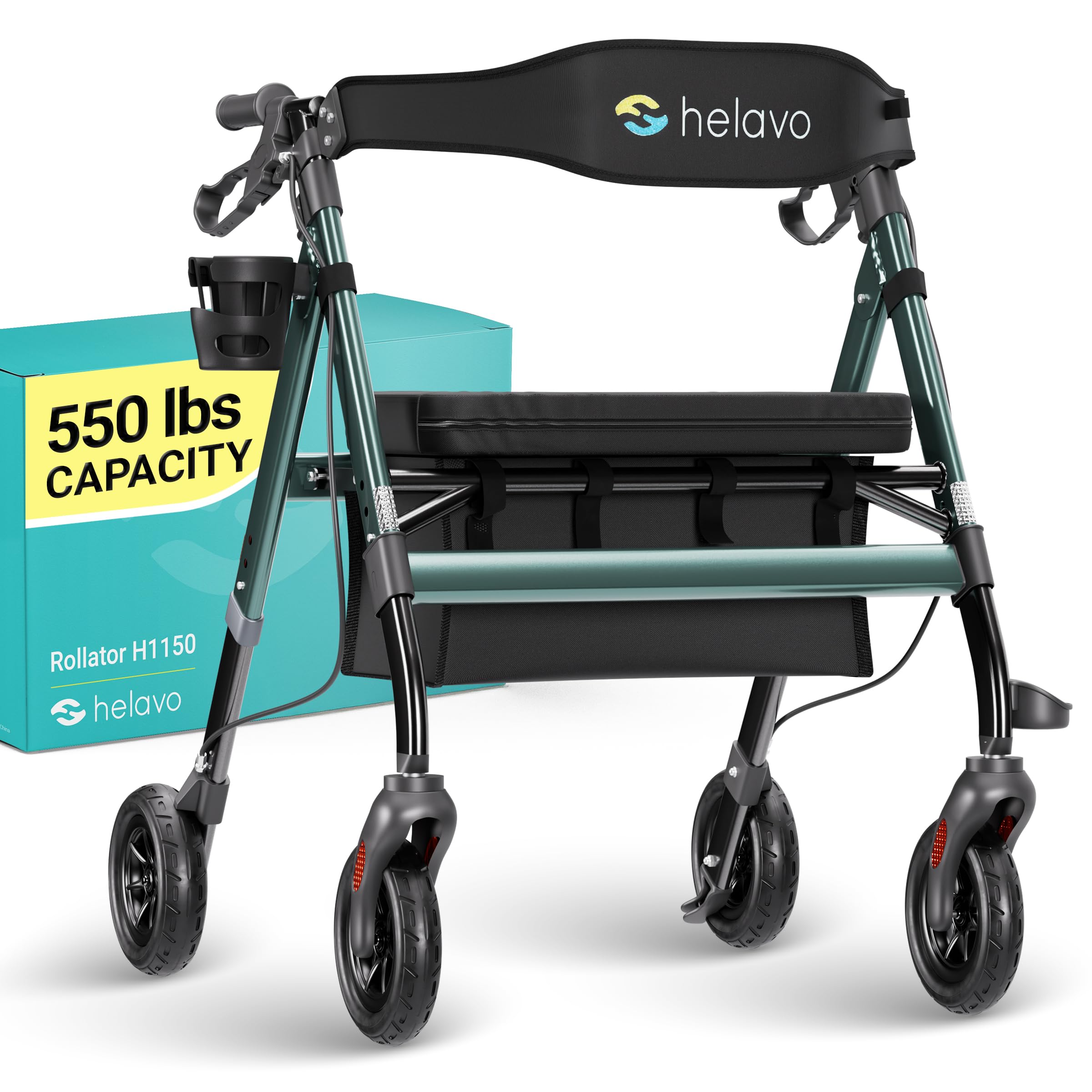 Helavo Bariatric Walker with Large, Height-Adjustable Seat, 550 lbs Weight Capacity, 8-inch Wheels, 28-inch Wide - Extra Wide Heavy Duty Rollator for Seniors