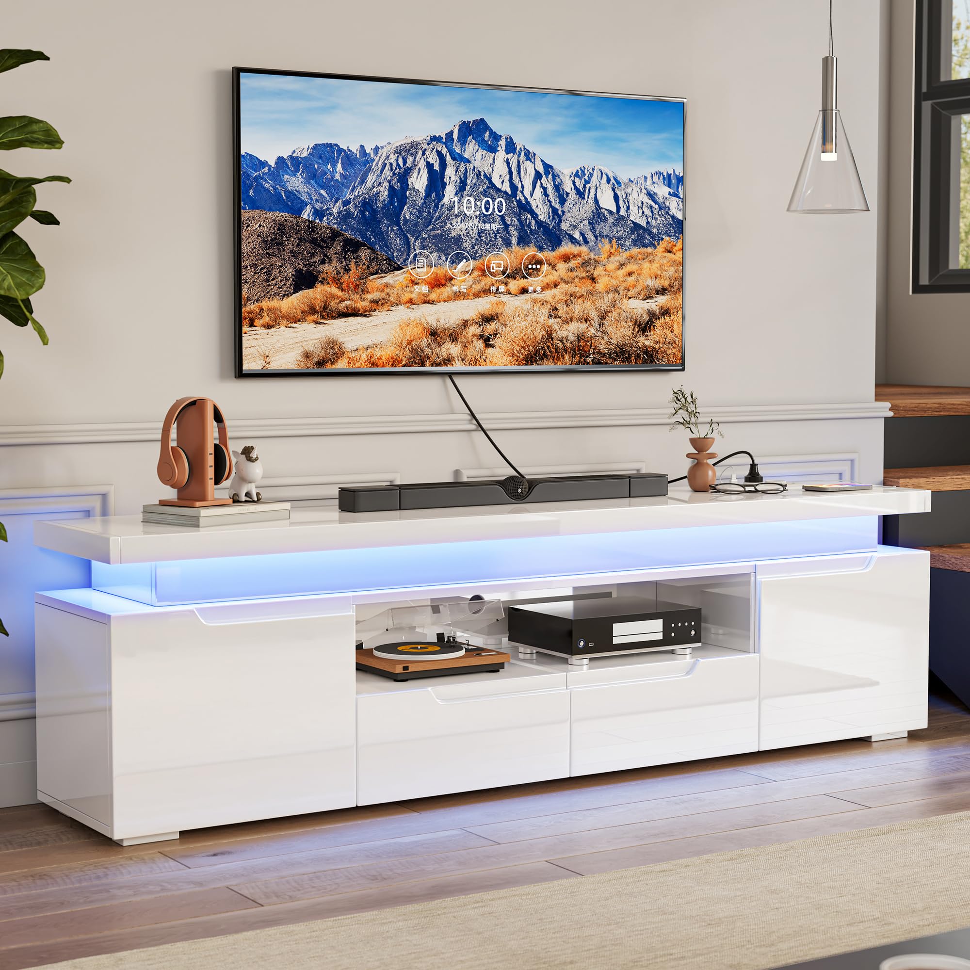 Mobile TV bianco 180 cm con spazio aperto, mobile TV LED con USB, 2 ante e 2 cassetti, tavolo TV da soggiorno, design moderno, armadio basso, panca TV per soggiorno camera da letto, bianco