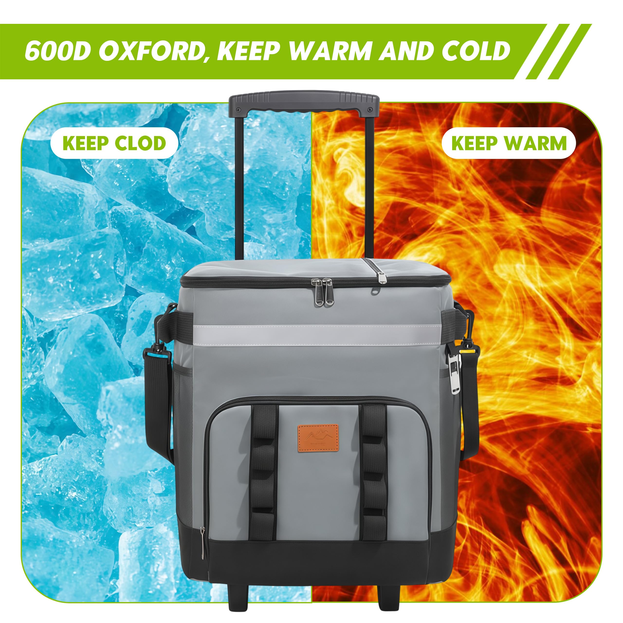 Sac Isotherme à roulettes 35L, Glacière Pliable avec Poignée Télescopique, Sac de Pique-Nique Portable et Imperméable en Tissu Oxford 600D avec Bretelles Réglables pour Camping BBQ Plage