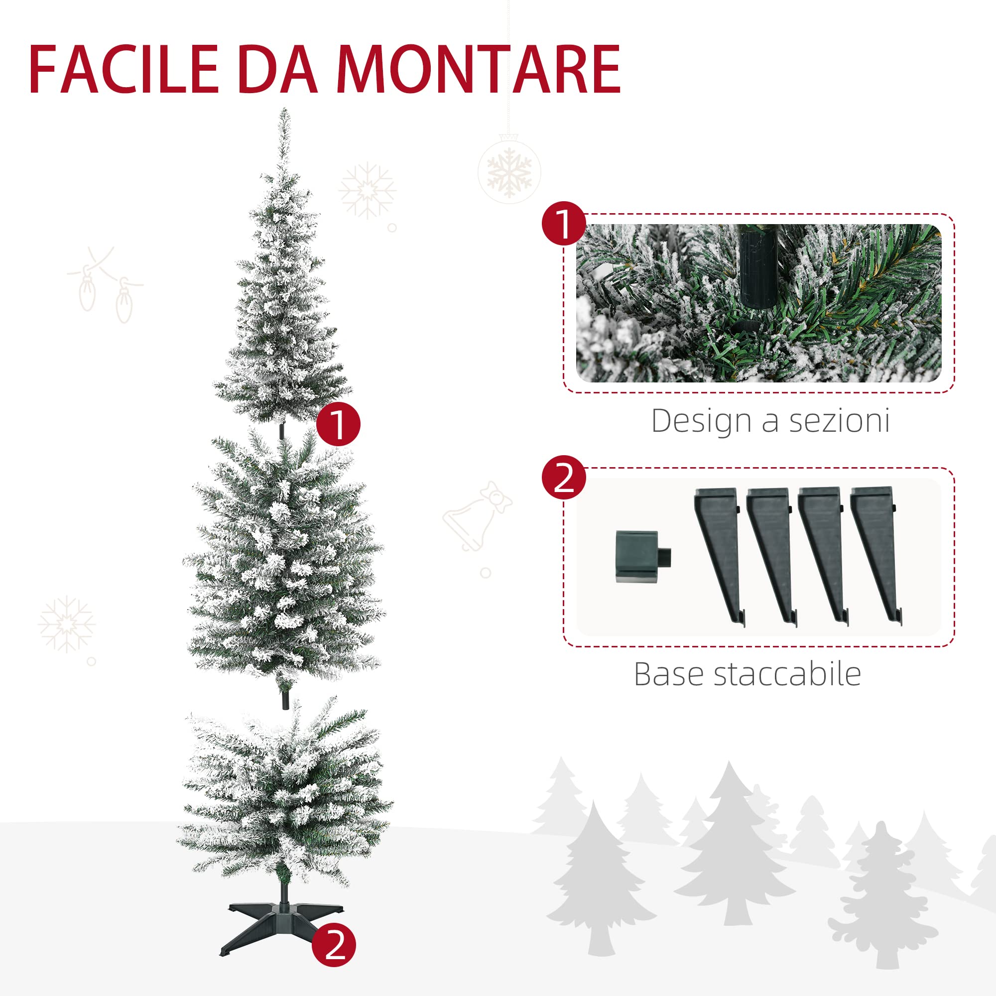 HOMCOM Albero di Natale Slim Artificiale 180 cm con Rami Realistici, Albero di Natale Innevato Alto e Stretto con Base Pieghevole, Verde