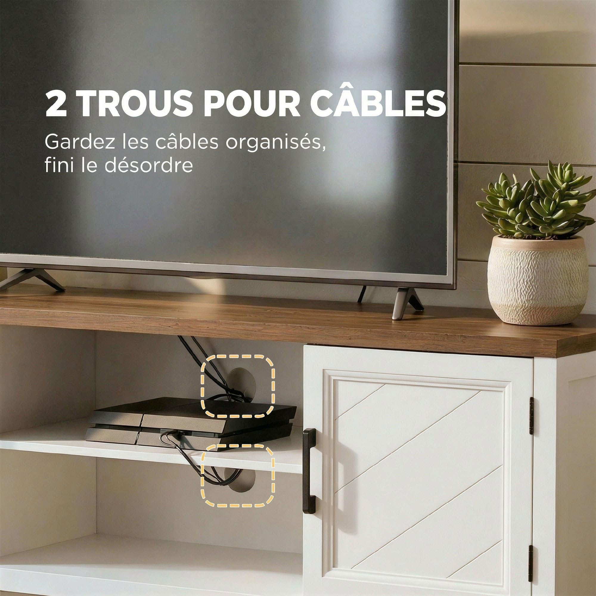 HOMCOM Mobile TV da 140 cm, Mobile TV per TV fino a 42 pollici con 2 ante 2 scomparti aperti, stile rustico, Panca TV per soggiorno, camera da letto, bianco e marrone