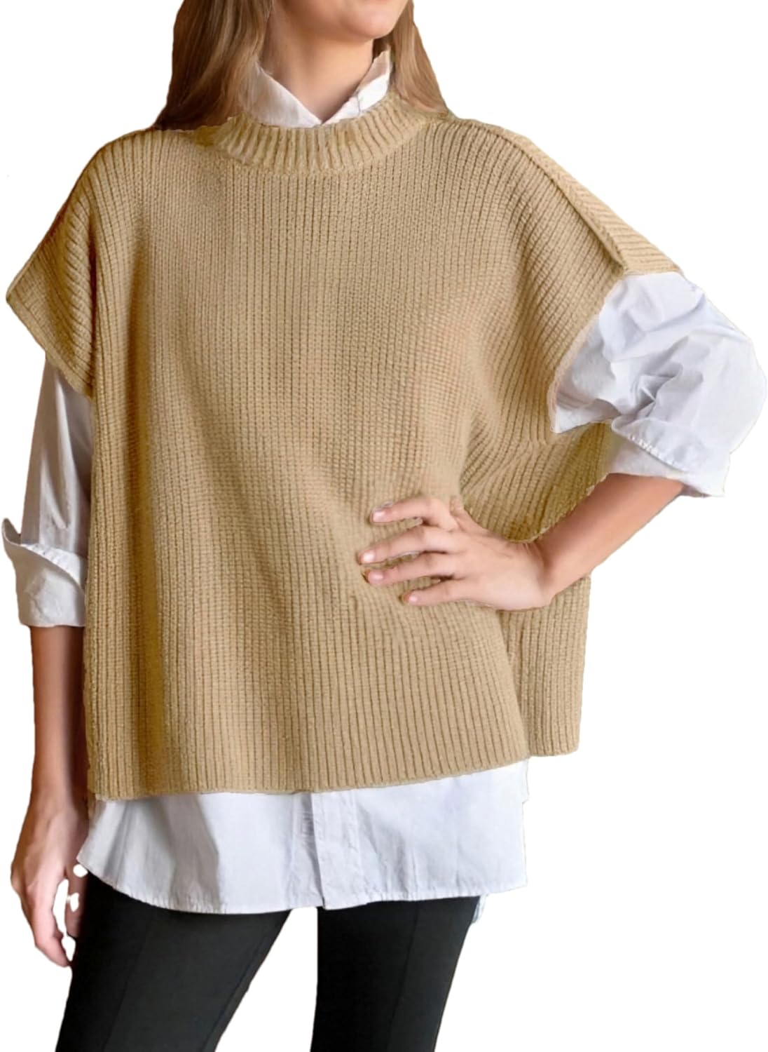 Womens Cap Sleeve Sweater Vest Fall Ribbed Knit Sleeveless Crewneck Casual Pullover Tops - Image 7