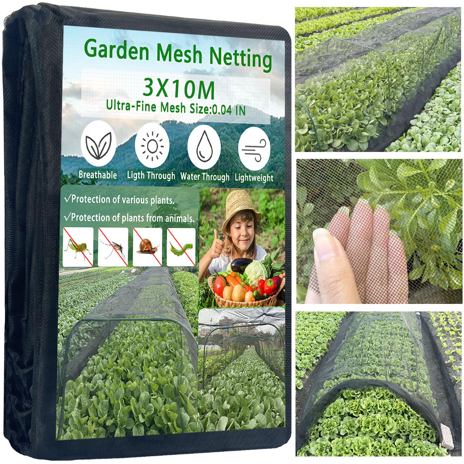 3x10M Thickened Black Nano PPT Garden Netting,Ultra-Fine Insect Mesh Netting for Vegetable Fruits Flowers Cover Protection from Birds Pest Bug Eating,30% Shade Rate,Reusable & Durable-image-4