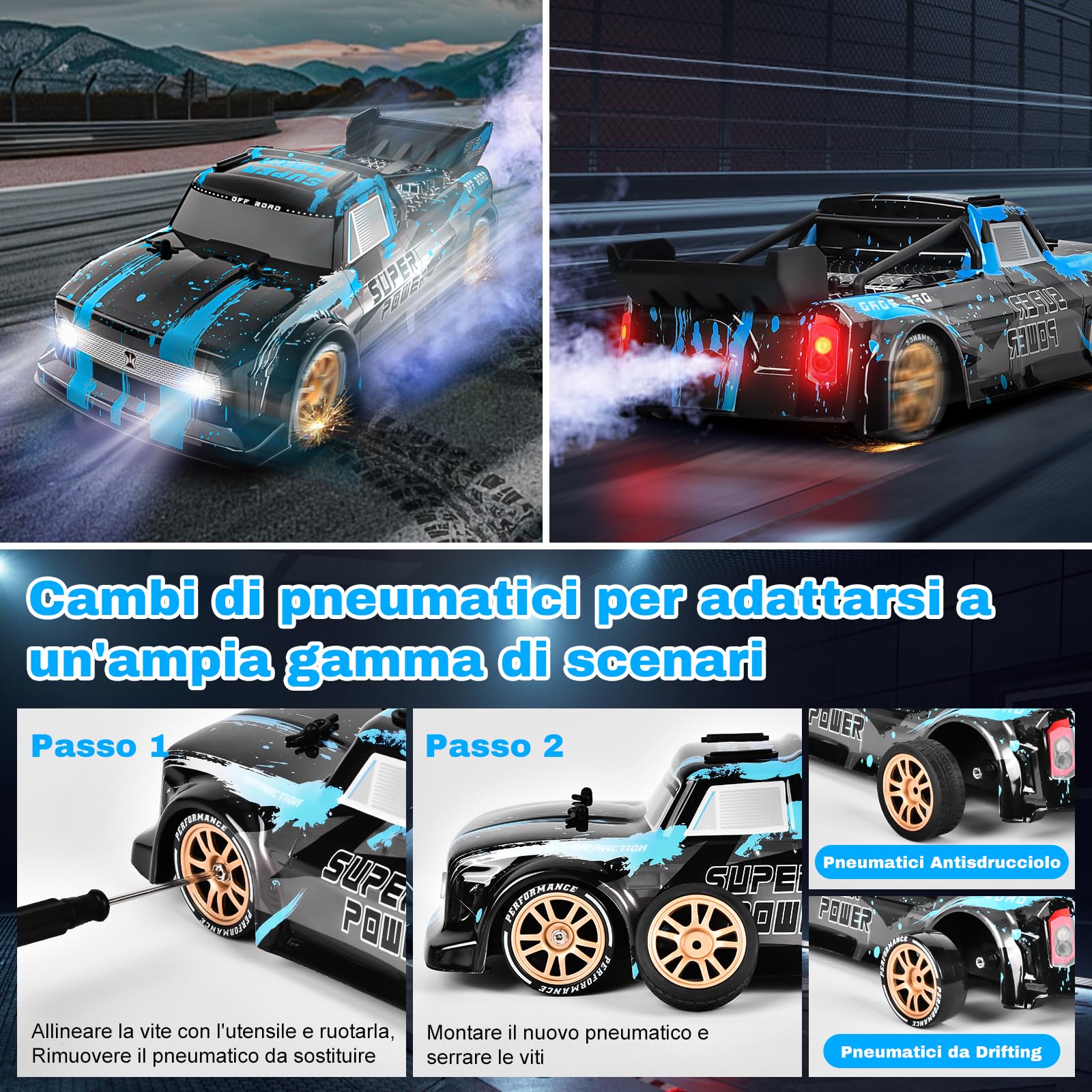 Joellfuner Macchina Telecomandata Drift, 4WD 1:14 RC Drift Car, 25km/h Auto Telecomandata con Nebbia Spray e Luce LED, RC Deriva Race Auto Giocattolo per Bambini di Età Superiore agli 8 Anni (Blu)