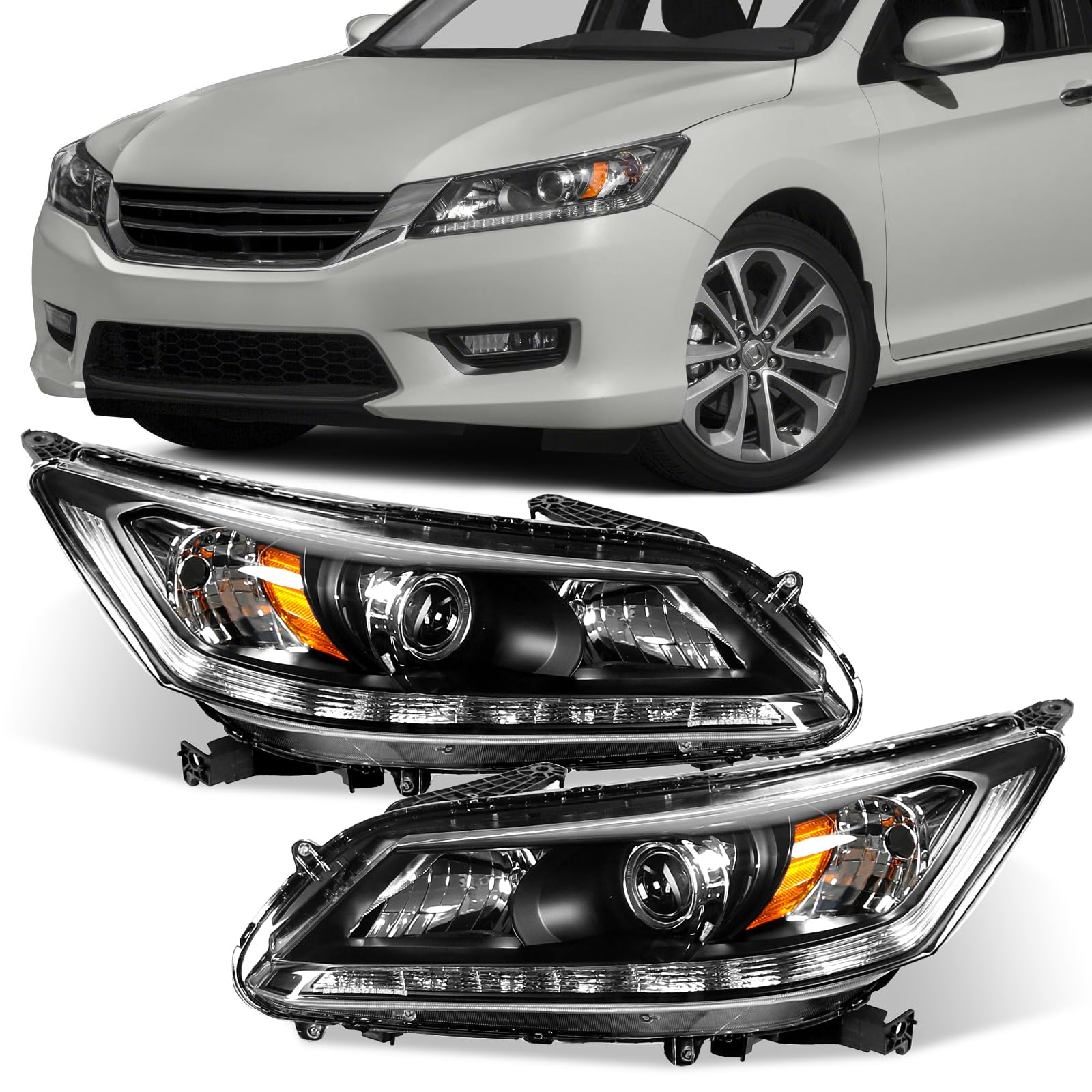 BoardRoad Headlights Assembly Compatible with 2013 2014 2015 Honda Accord w/LED DRL Halogen Headlamp Factory Style Driver & Passenger Side