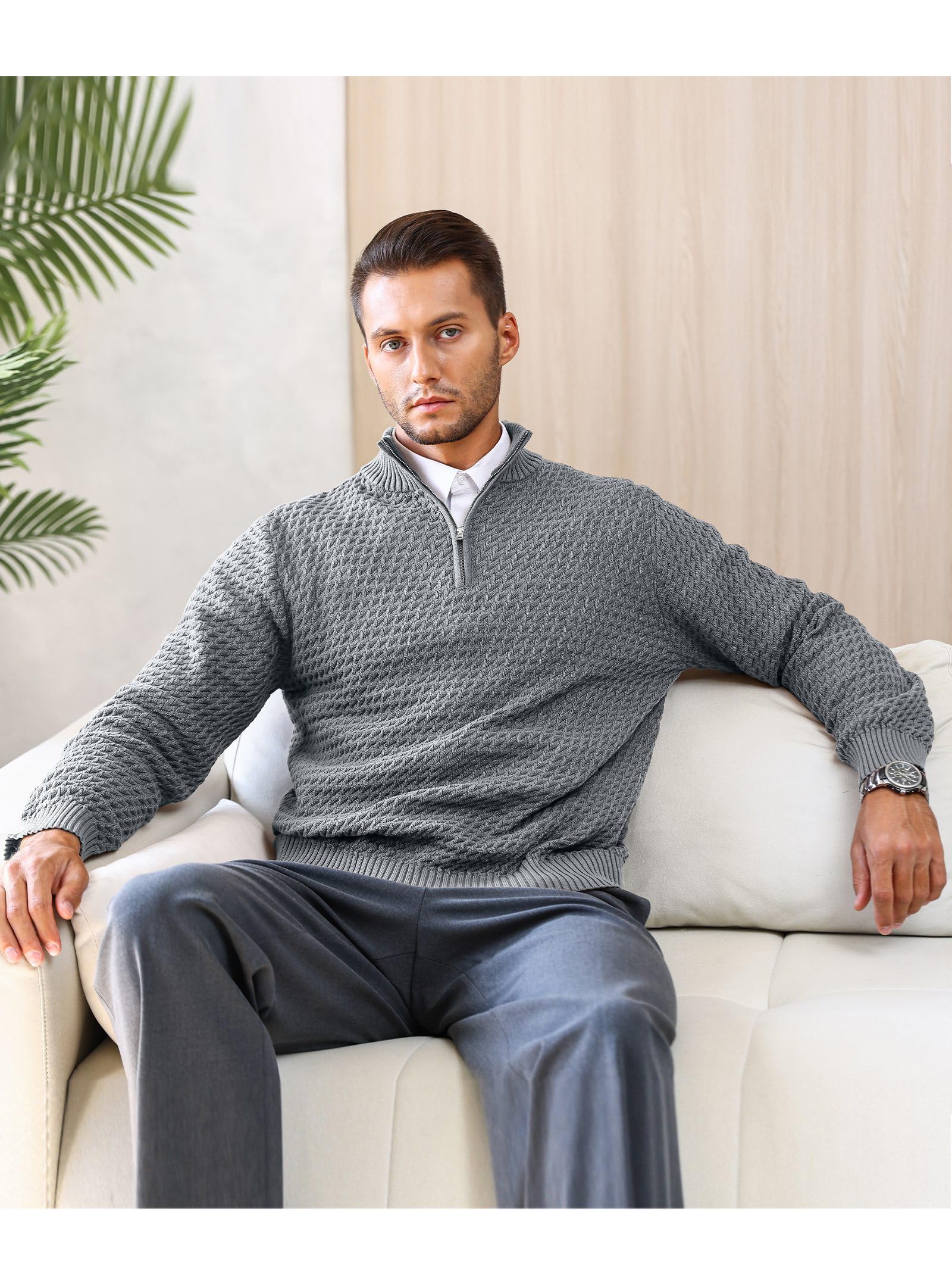 HYPESTFIT Pull Homme 1/4 Zip - Pullover Tricoté à Col Montant avec Fermeture Éclair, Manches Longues et Poignets Côtelés