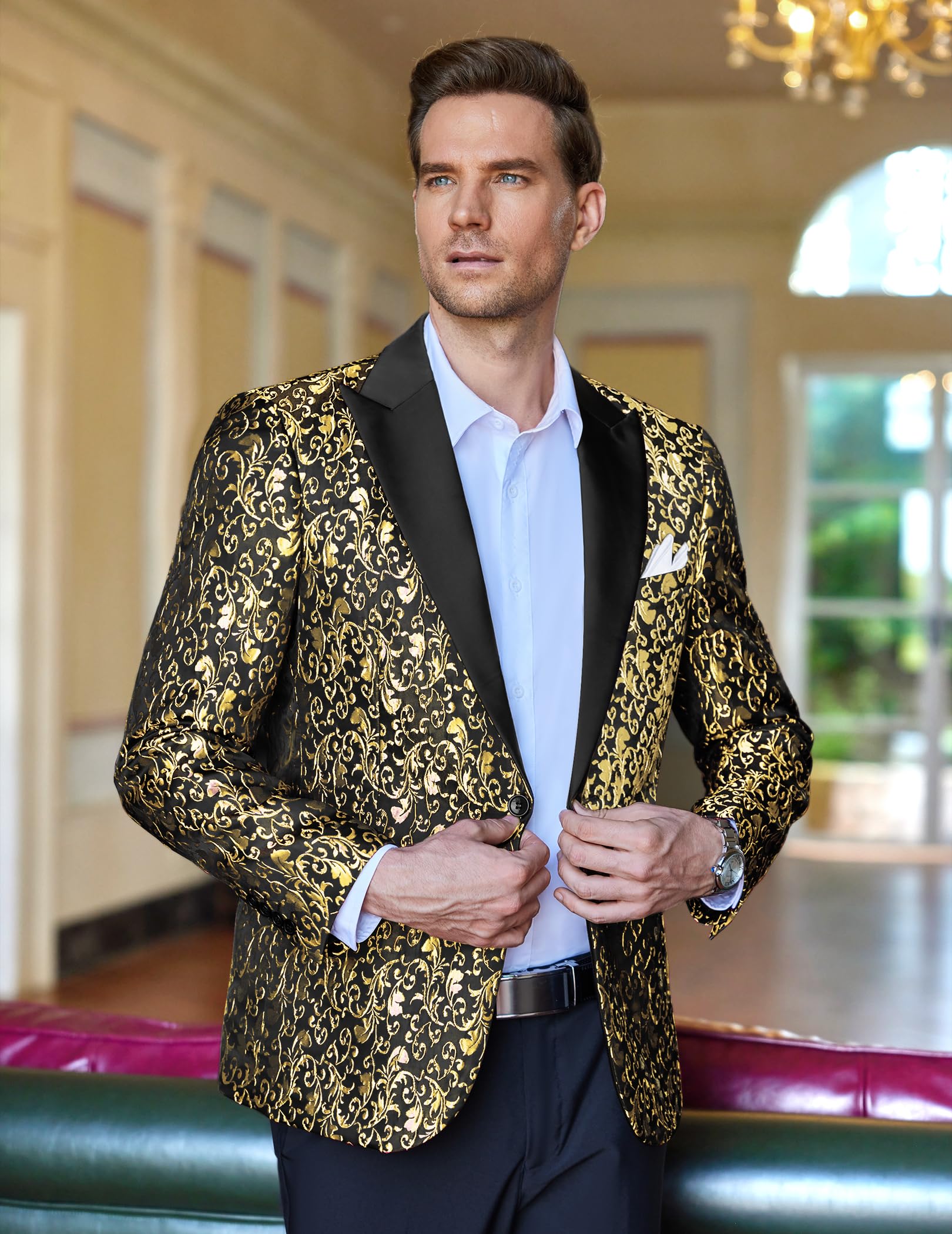 Coofandy, vestito da festa floreale da uomo, elegante giacca da cena da sposa Blazer per balli di fine anno, smoking - Giallo - 3XL