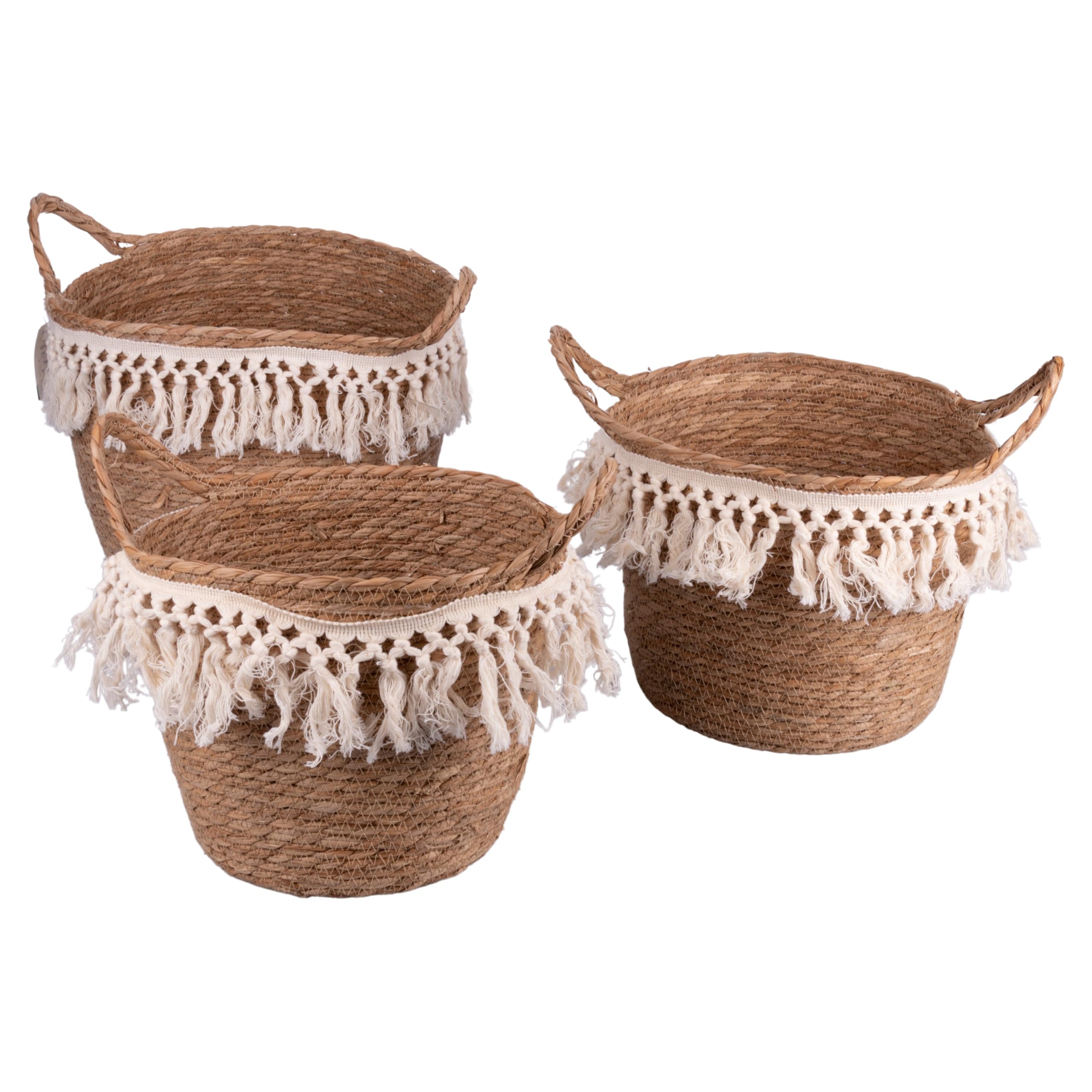 Panier en fibre naturelle tressée main, set de 3 paniers haut de gamme coloris Natural