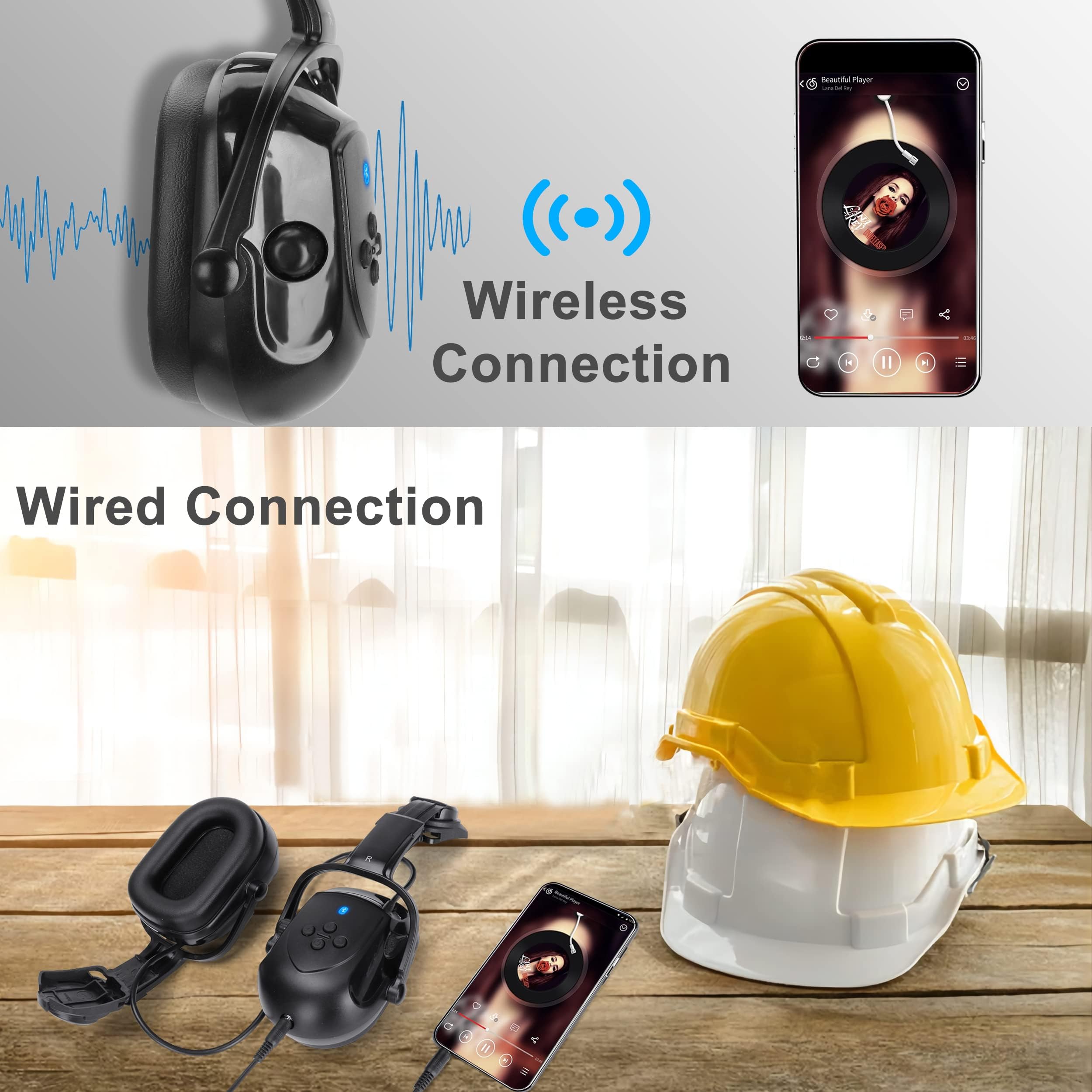 Kalence Cuffie antirumore Bluetooth, NRR 28 dB, regolabili, con protezione dell'udito 50 ore di riproduzione, per falciatura, edilizia, officina, nero, Nero , L