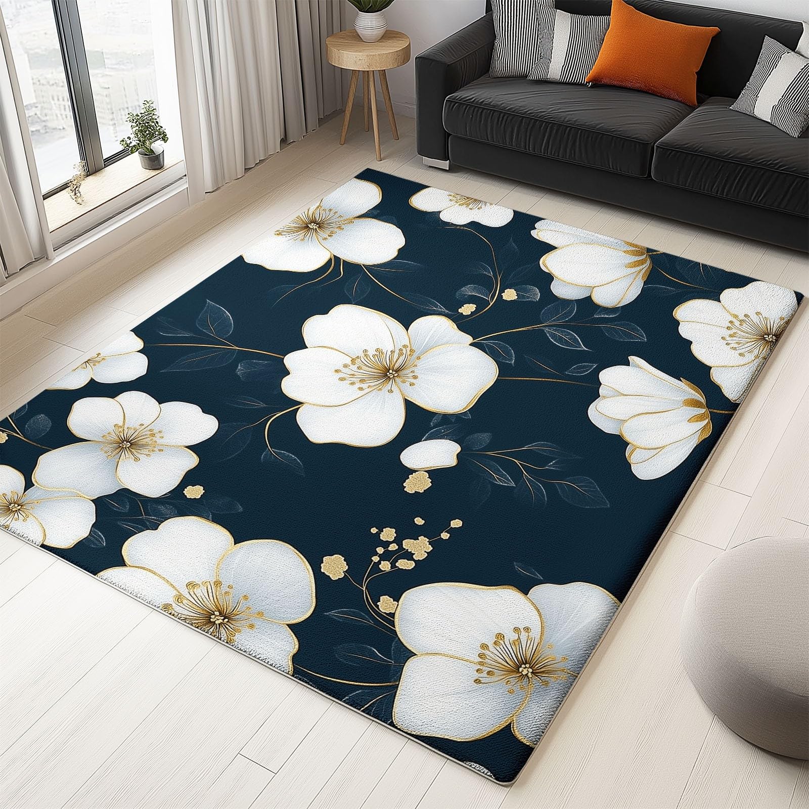 Tapis de salon bleu foncé motif aquarelle florale blanche 60 x 110 cm poil court