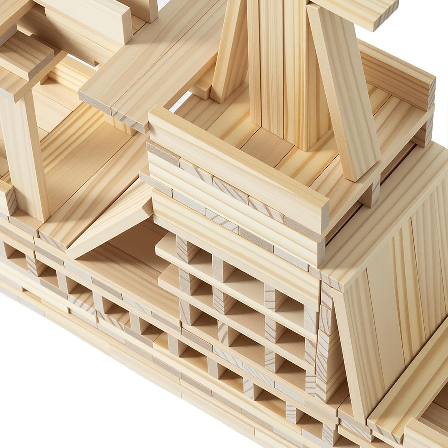 Premium 300 Pcs Natural Wooden Building Blocks for Kids Ages 3-12,Pine STEM Construction Toy - Open-Ended Classic Building Blocks Set for Castles, Bridges & Towers, Educational Learning Gift (4.7 in)
