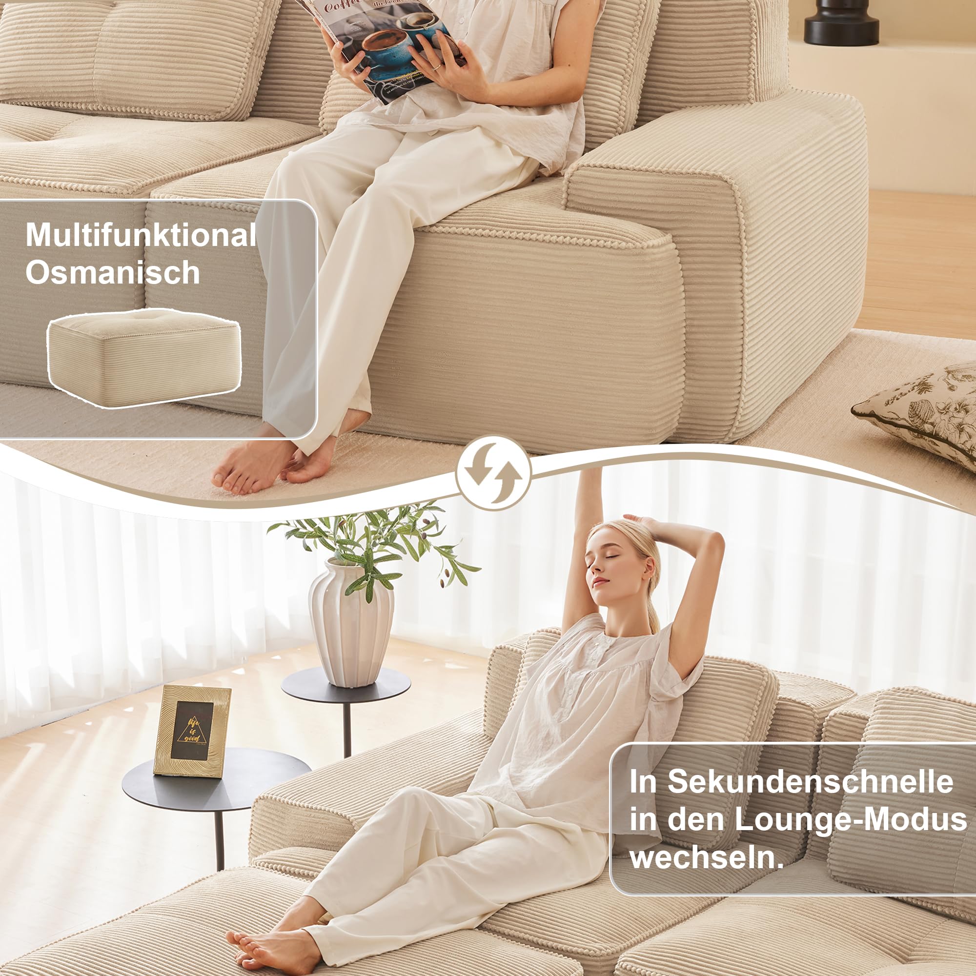 U förmiges Modulsofa 2 Sitzer mit Ottoman, Cord, Tiefsitz, Beige