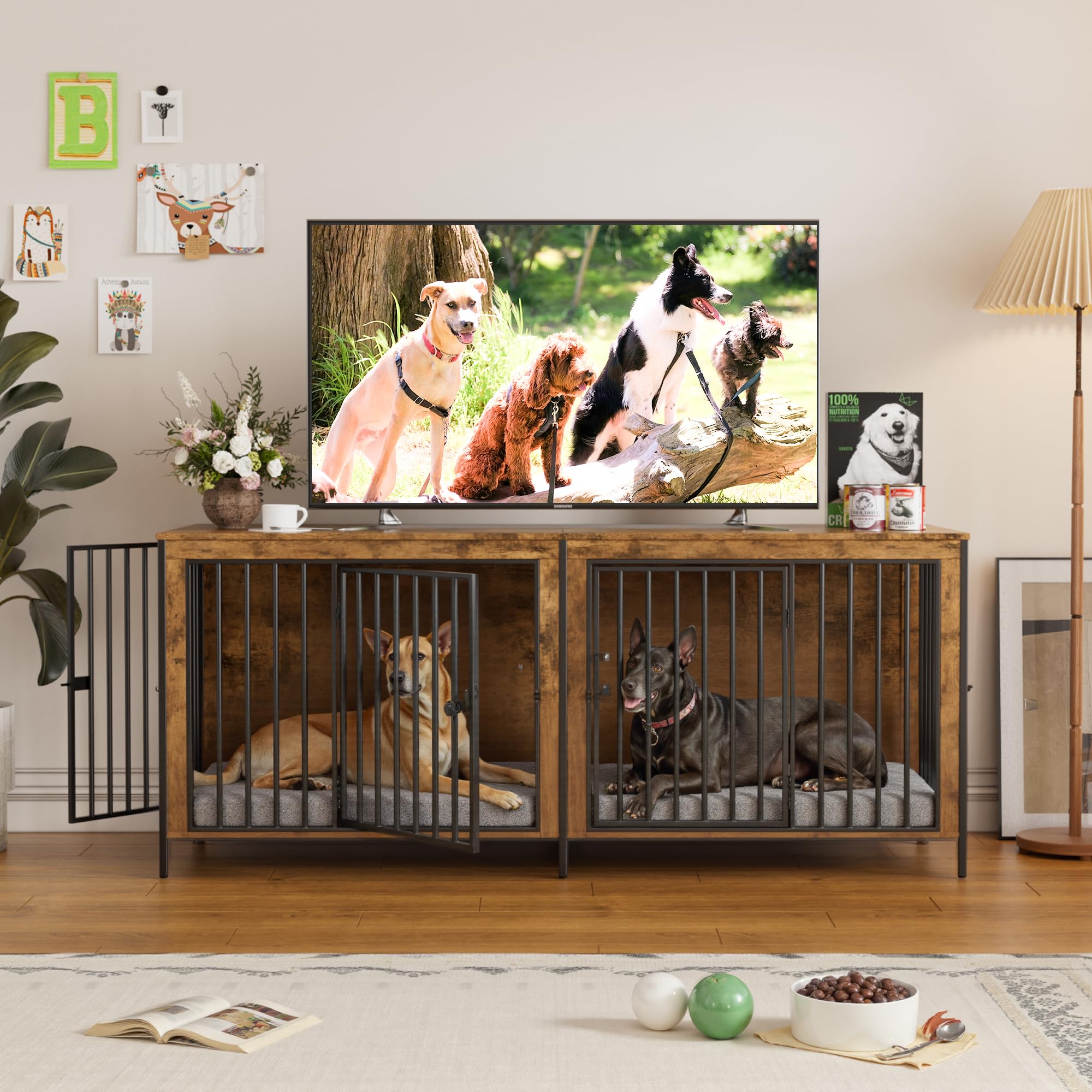 Gabbia per Cani Kennel,200CM Casetta per Cani da Interno,Gabbietta per Animali in Metallo e Legno,Tavolo Supplement,XXL Cuccia Robusta per Dog con Divisorio,Casetta per Animali,4 Porte,Fino a 100KG