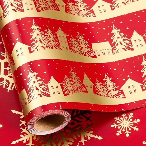 MAYPLUSS Rollo de Papel de Regalo de Navidad, 17 Pulgadas X 16.5 Pies Papel de Regalo con Diseño de Árbol de Navidad Dorado Casa Copo de Nieve