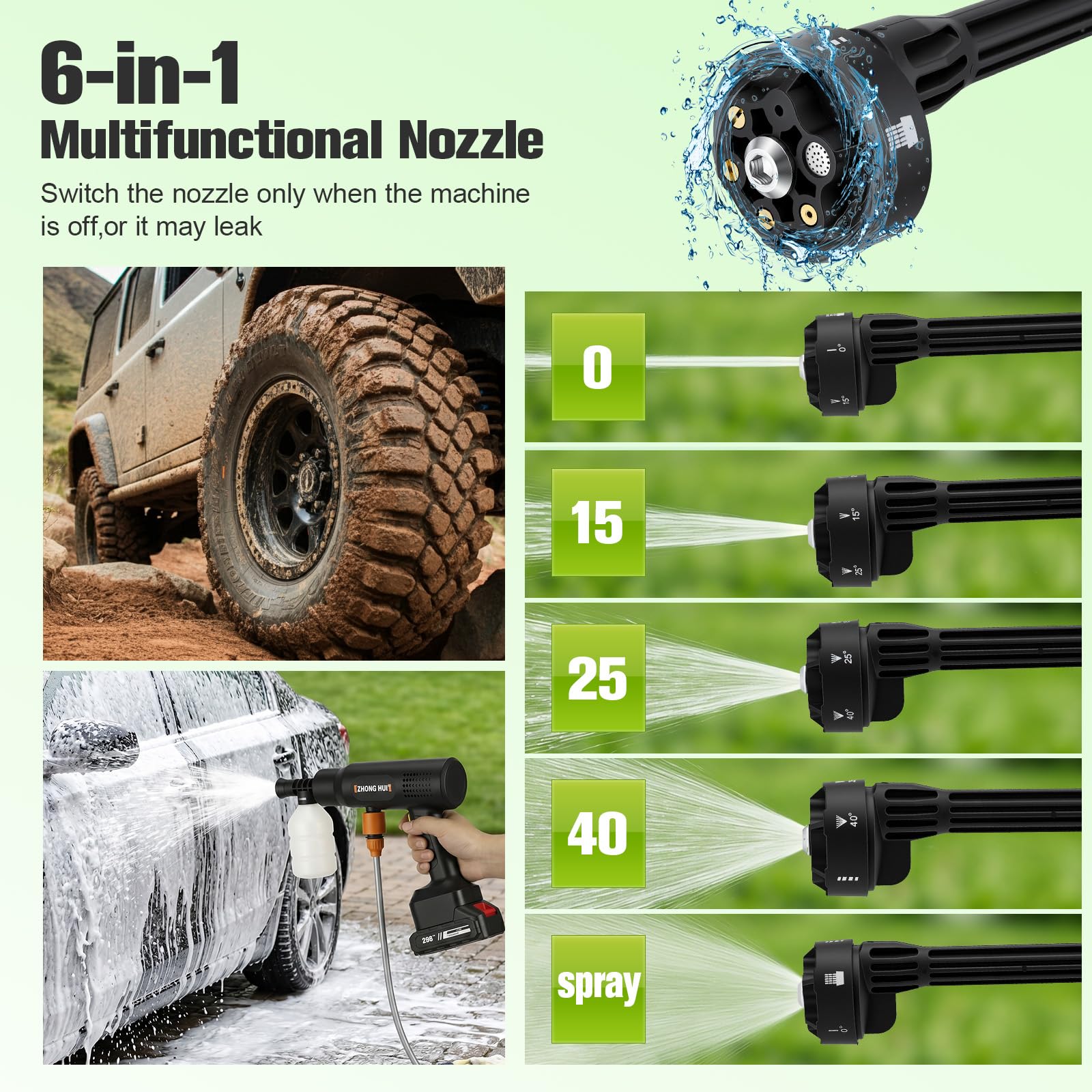 Limpiador de alta presión con batería con boquilla multifunción 6 en 1, 2 baterías de 6,0 Ah, 240 l/h, manguera de 5 m, limpiador de alta presión portátil para lavado de coches, ventanas, jardín y