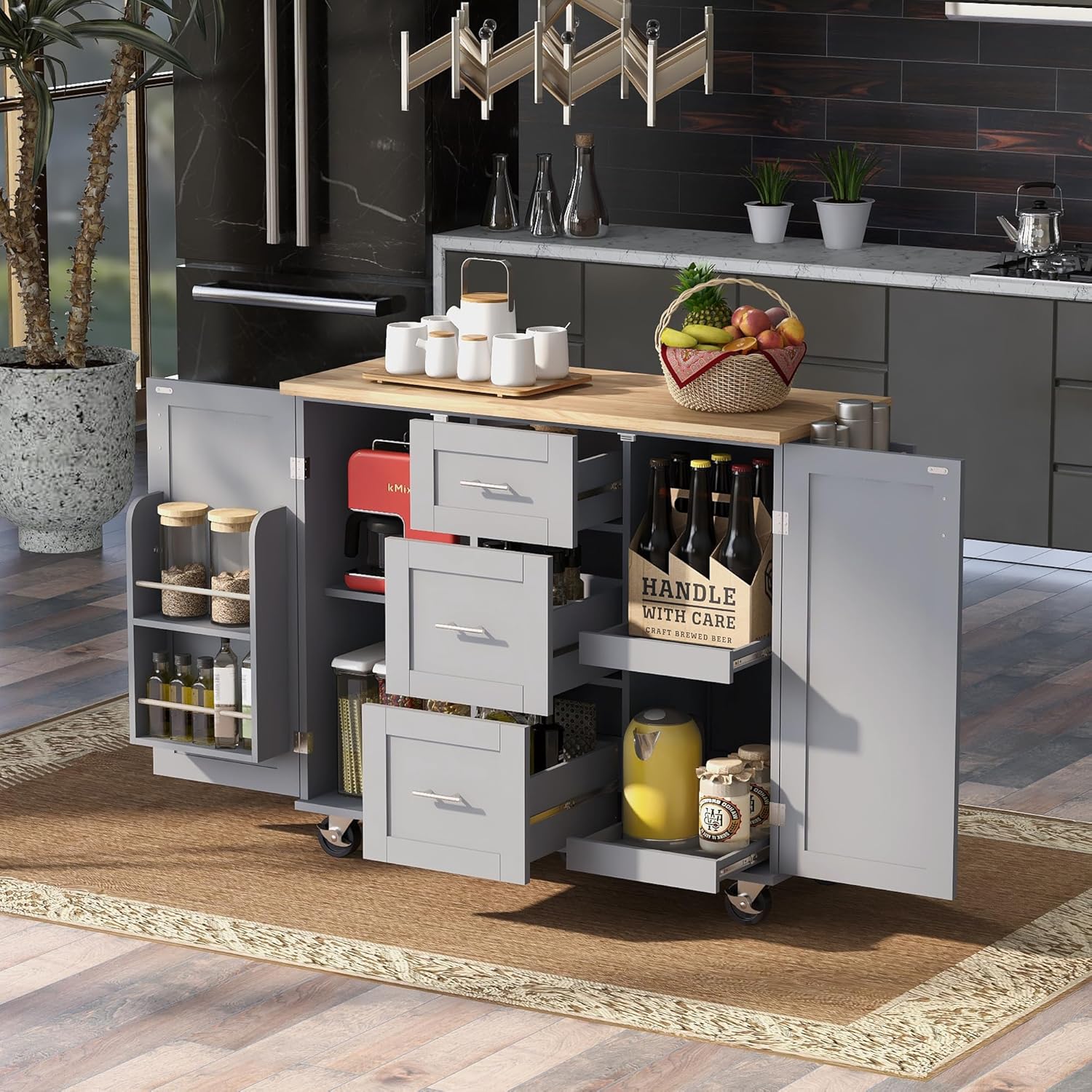 Rolling Kitchen Island with Storage, MDF Cart with Rubber Wood Top, 3 Drawers, 2 Slide-Out Shelves, Internal Storage Rack, Spice & Towel Rack, Mobile or Stationary, Grey Blue, 50W x 17D x 36.85H in