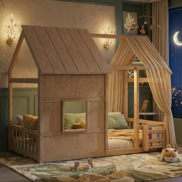 Twin House Floor Bed with Bookshelf and 7-Color LED Lights, Natural