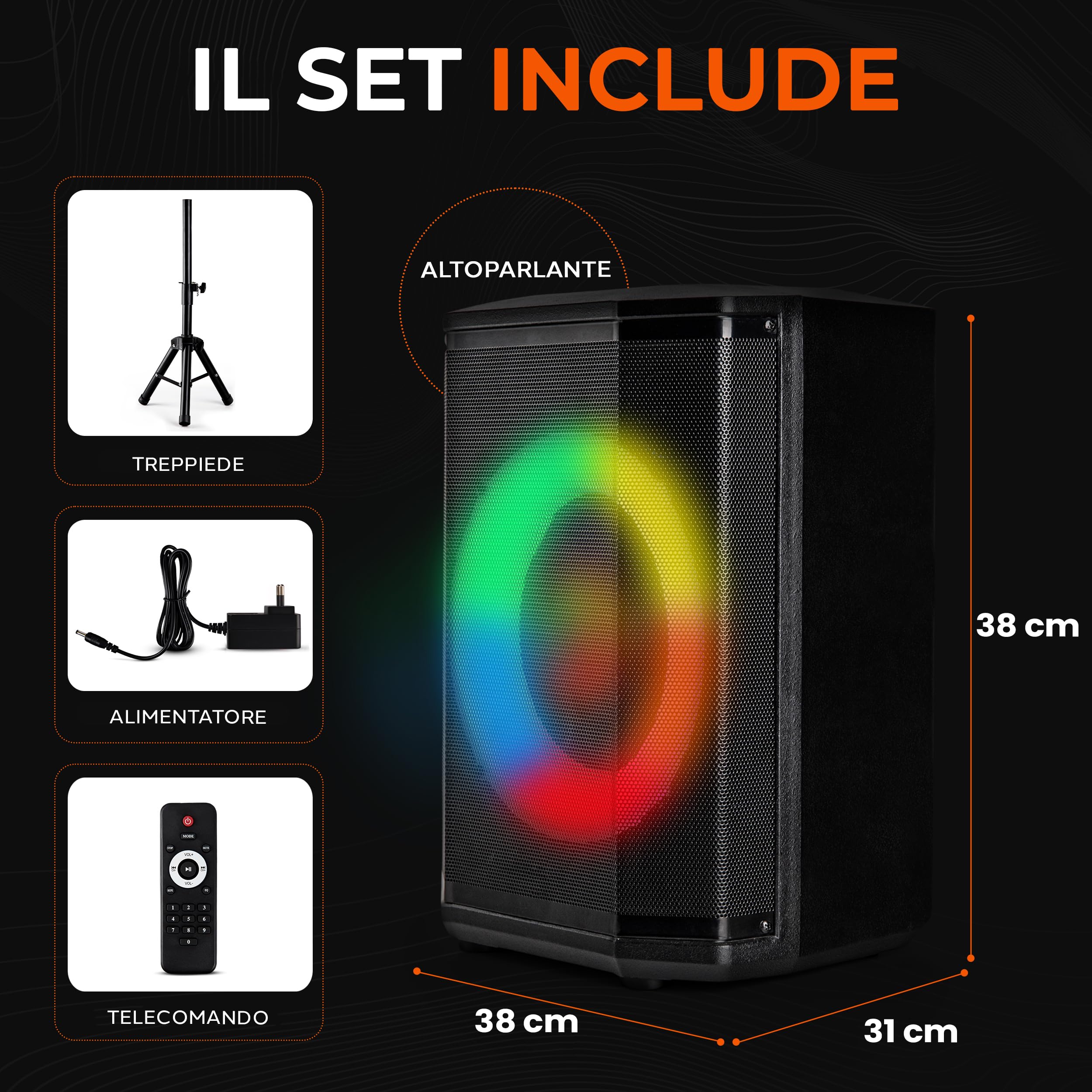 Pyle Cassa Bluetooth Potente, Altoparlante Bluetooth Portatile, Cassa Audio, Speaker, Woofer 20 cm, 120 Watt, Luci Colorate, TWS, Microfono, USB/Micro SD/FM, Tripod, Uso Interno/Esterno