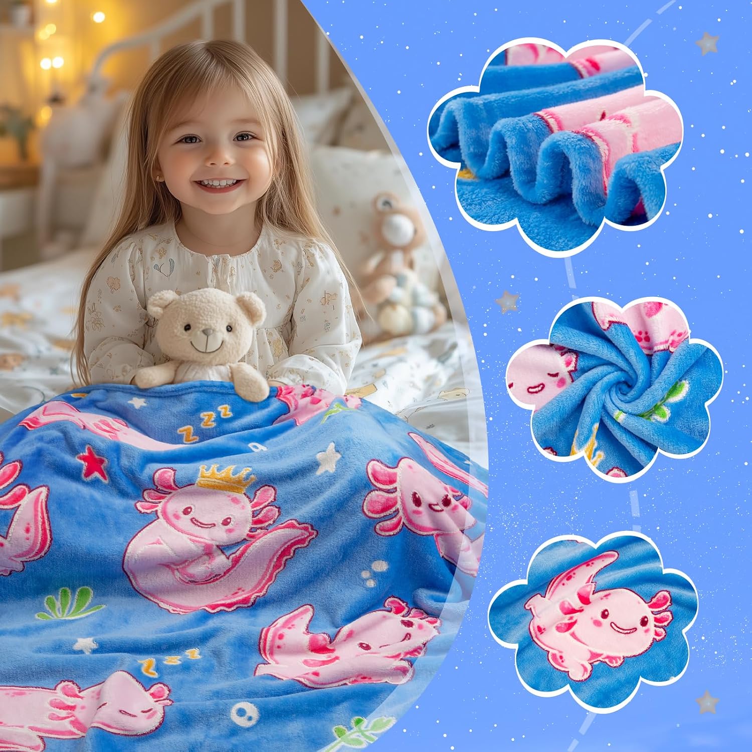Axolotl Toys Gifts for Girls – Axolotl Glow in The Dark Blanket Kids Pink Blue Throw Birthday Teens Ages 1 2 3 4 5 6 7 8 9 10 11 12 13 Decorations Toddler Child Gift