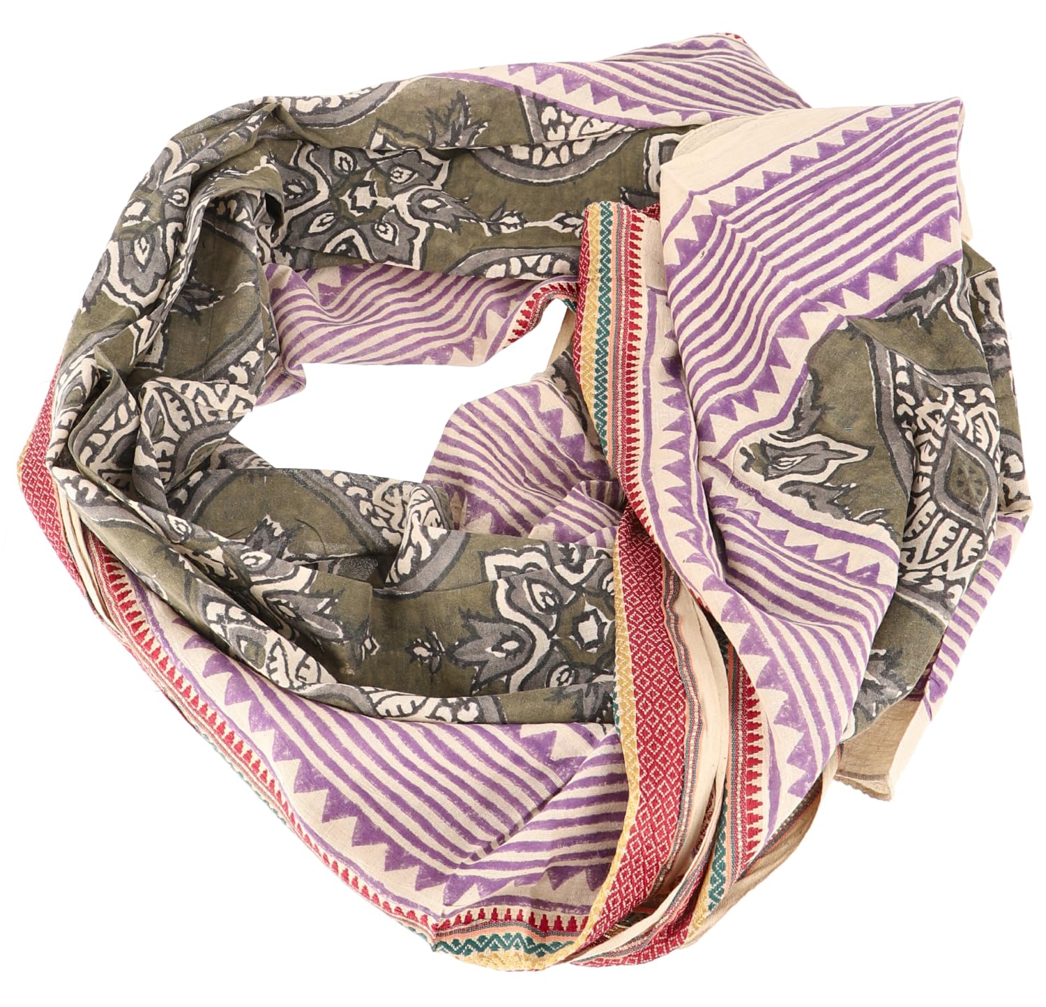 Pareo bufanda ligera de algodón estampada a mano 190x120 cm verde oliva rosa
