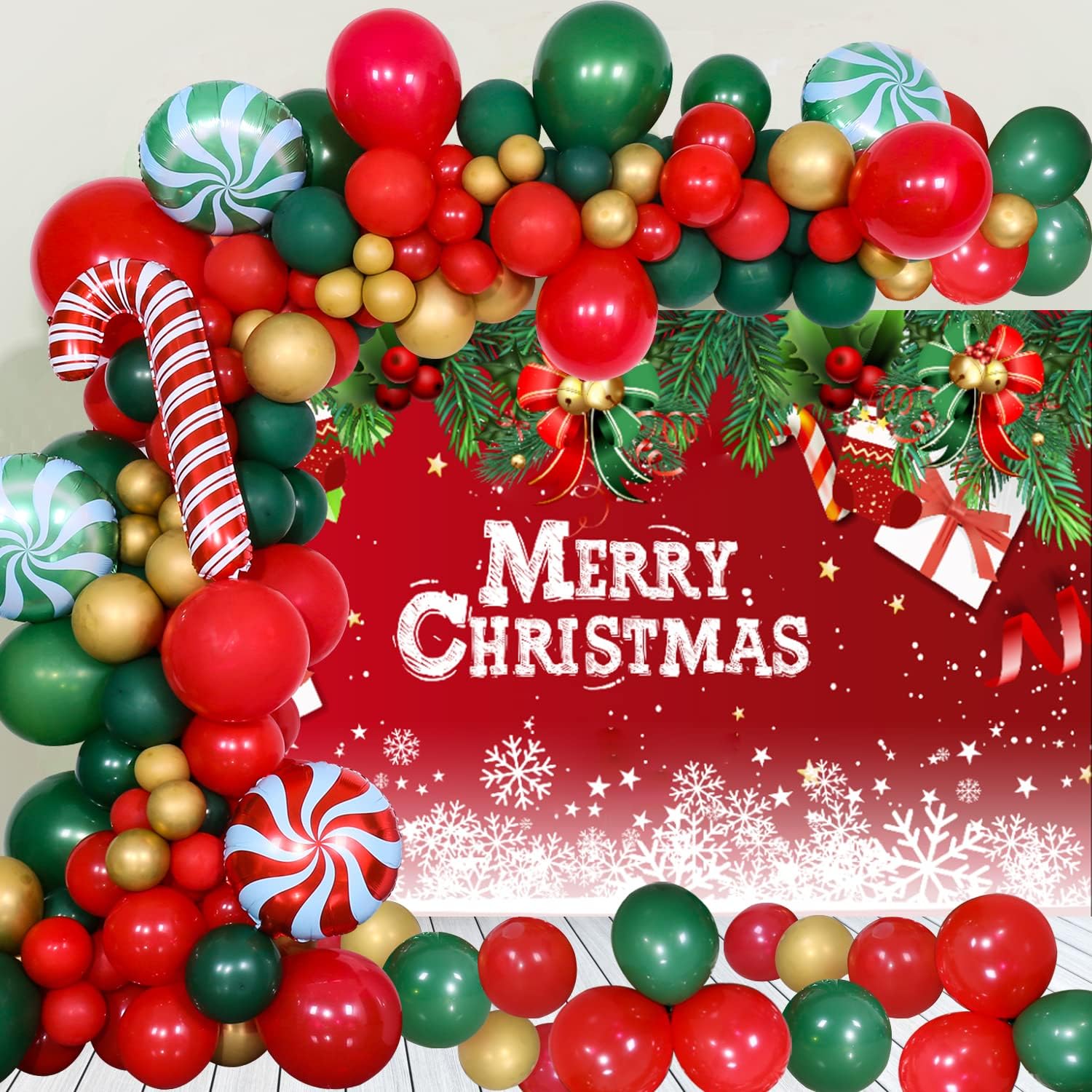 Christmas Decorations, Christmas Party Decorations-Christmas Balloons Garland Arch Kit with Green and Red Balloons, Merry Christmas Banner for Home, Outdoor/Indoor Christmas Backdrop for photography
