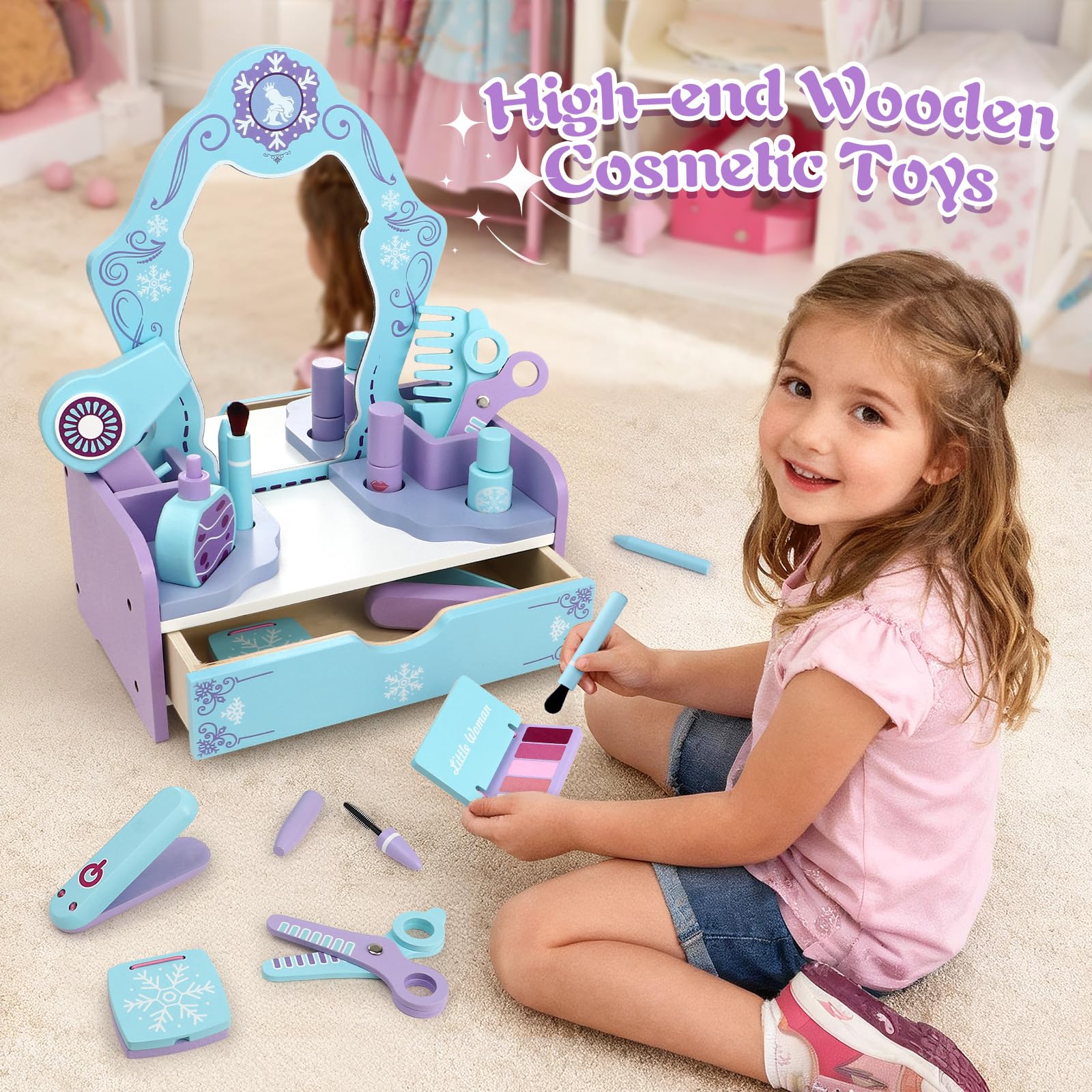 Atoylink Eiskönigin Schminktisch Kinder für Mädchen, 12-Teiliges Schminkset mit Kinderschminke Set & Friseur Set, Frozen Schminke Holzspielzeug, Eiskönigin Spielzeug Geschenk für Mädchen ab 3 Jahren