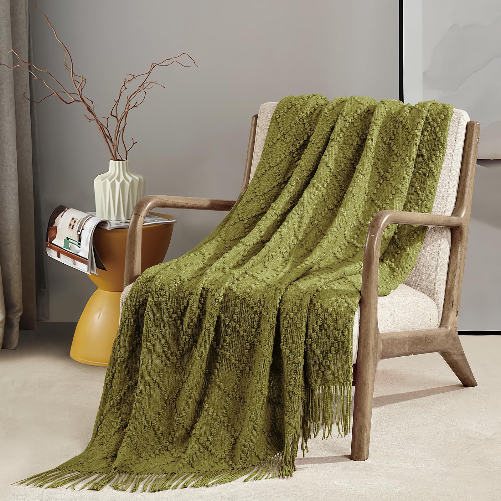 BOURINA Throw Blanket Textured Solid Soft Throws and Blankets for Sofa or Bed Knitted Decorative Blanket 127x178cm Olive - Image 4