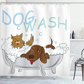 Ambesonne Cartoon Shower Curtain, Playful Dogs in a Bathtub Grooming Each Other Pets Theme Illustration, Cloth Fabric Bathroom Decor Set with Hooks, 69" W x 70" L, Brown White